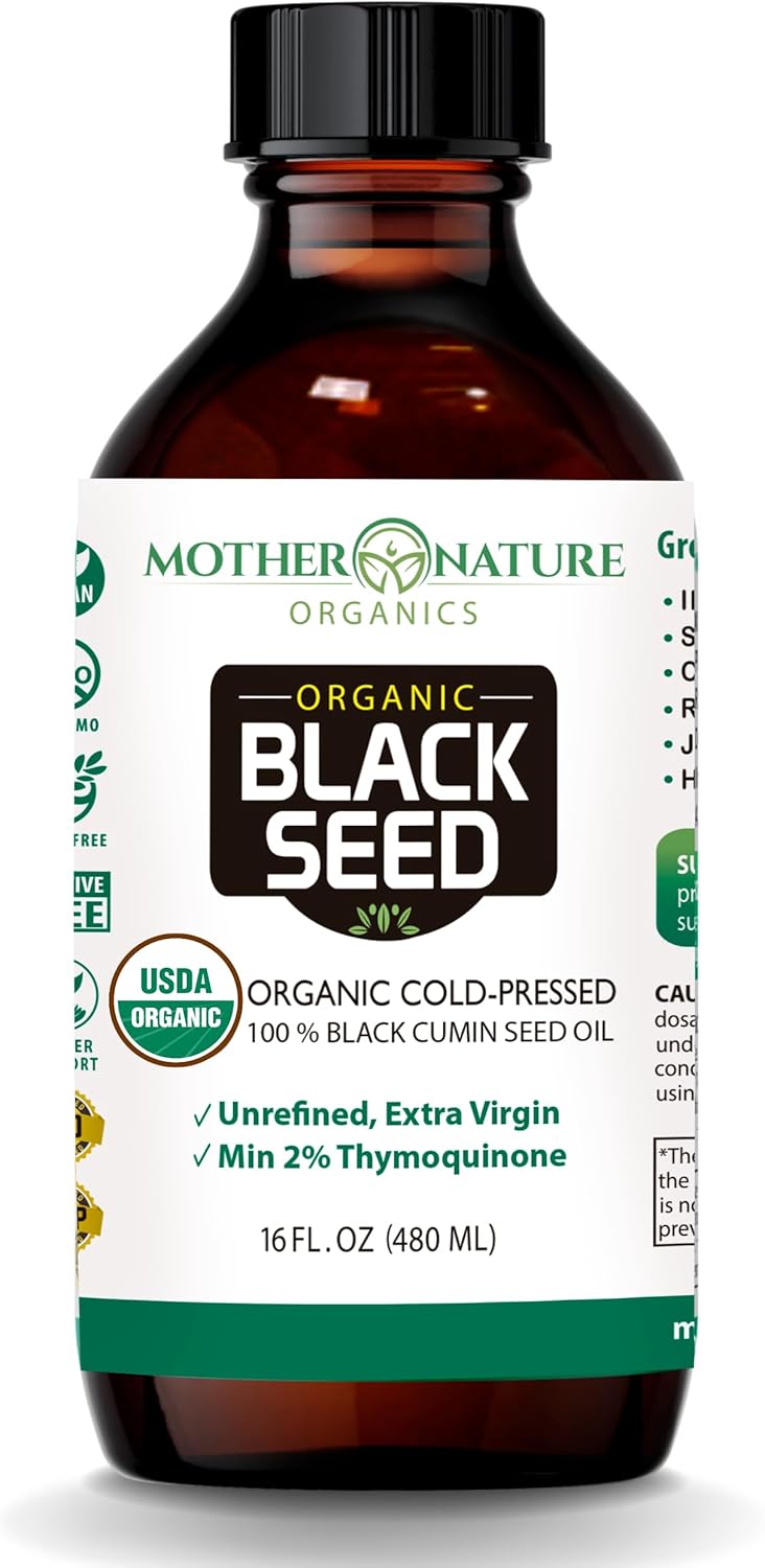 Mother Nature Organics Black Seed Oil - Cold Pressed, 100% Pure Turkish Cumin Seed Oil for Digestion, Joints, Hair & Skin - 16oz Glass Bottle