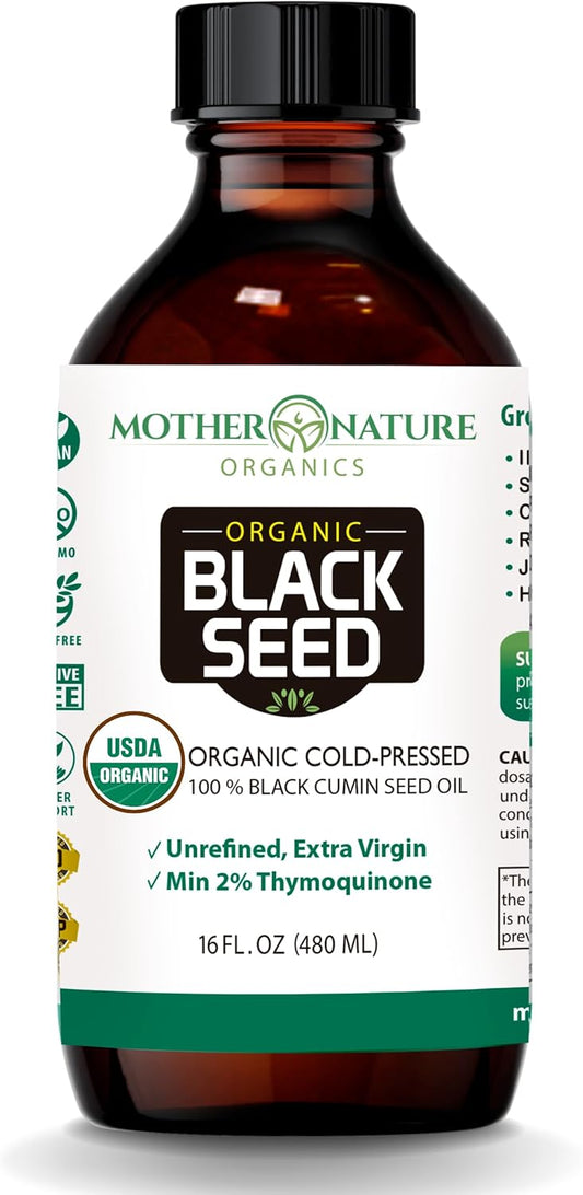 Mother Nature Organics Black Seed Oil - Cold Pressed, 100% Pure Turkish Cumin Seed Oil for Digestion, Joints, Hair & Skin - 16oz Glass Bottle