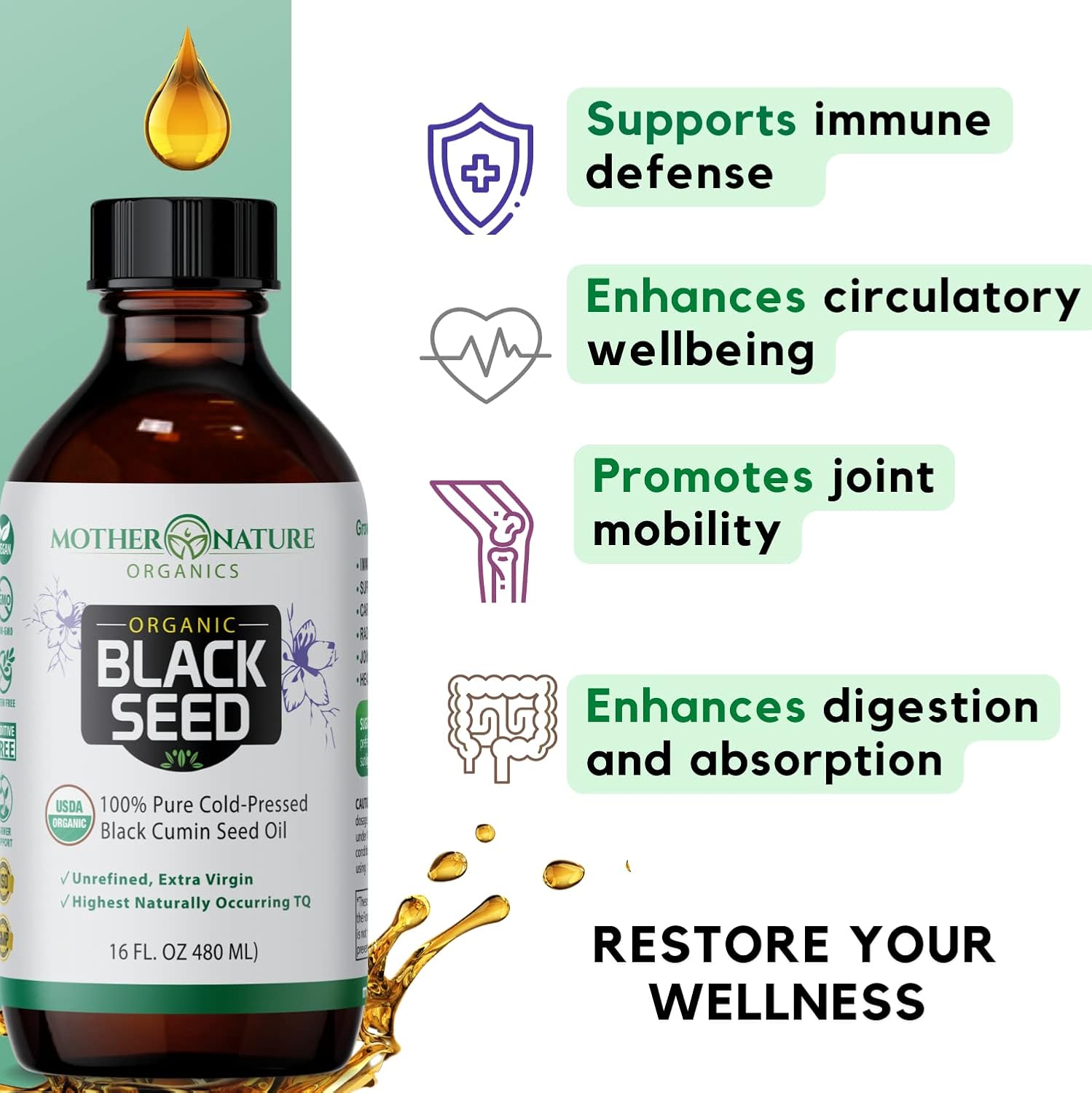 Mother Nature Organics Black Seed Oil - Cold Pressed, 100% Pure Turkish Cumin Seed Oil for Digestion, Joints, Hair & Skin - 16oz Glass Bottle