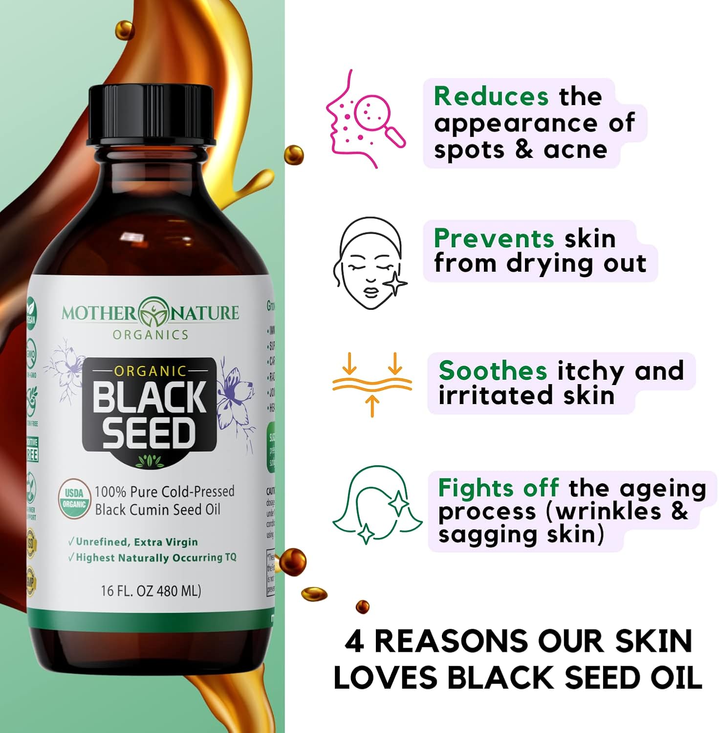 Mother Nature Organics Black Seed Oil - Cold Pressed, 100% Pure Turkish Cumin Seed Oil for Digestion, Joints, Hair & Skin - 16oz Glass Bottle