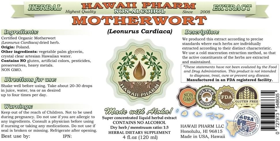 Motherwort Alcohol-Free Liquid Extract 2 oz - Natural Herbal Supplement, Hawaii Pharm USA - Leonurus Cardiaca Dried Herb Glycerite