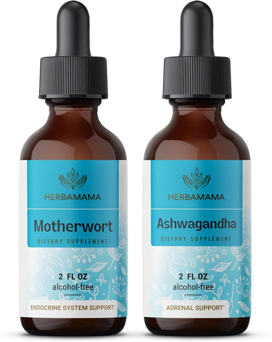 Motherwort Extract & Ashwagandha Tincture Herbal Liquid Drops Kit - Vegan, Non-GMO, Sugar & Alcohol-Free - 2 Pack - 2 fl oz each