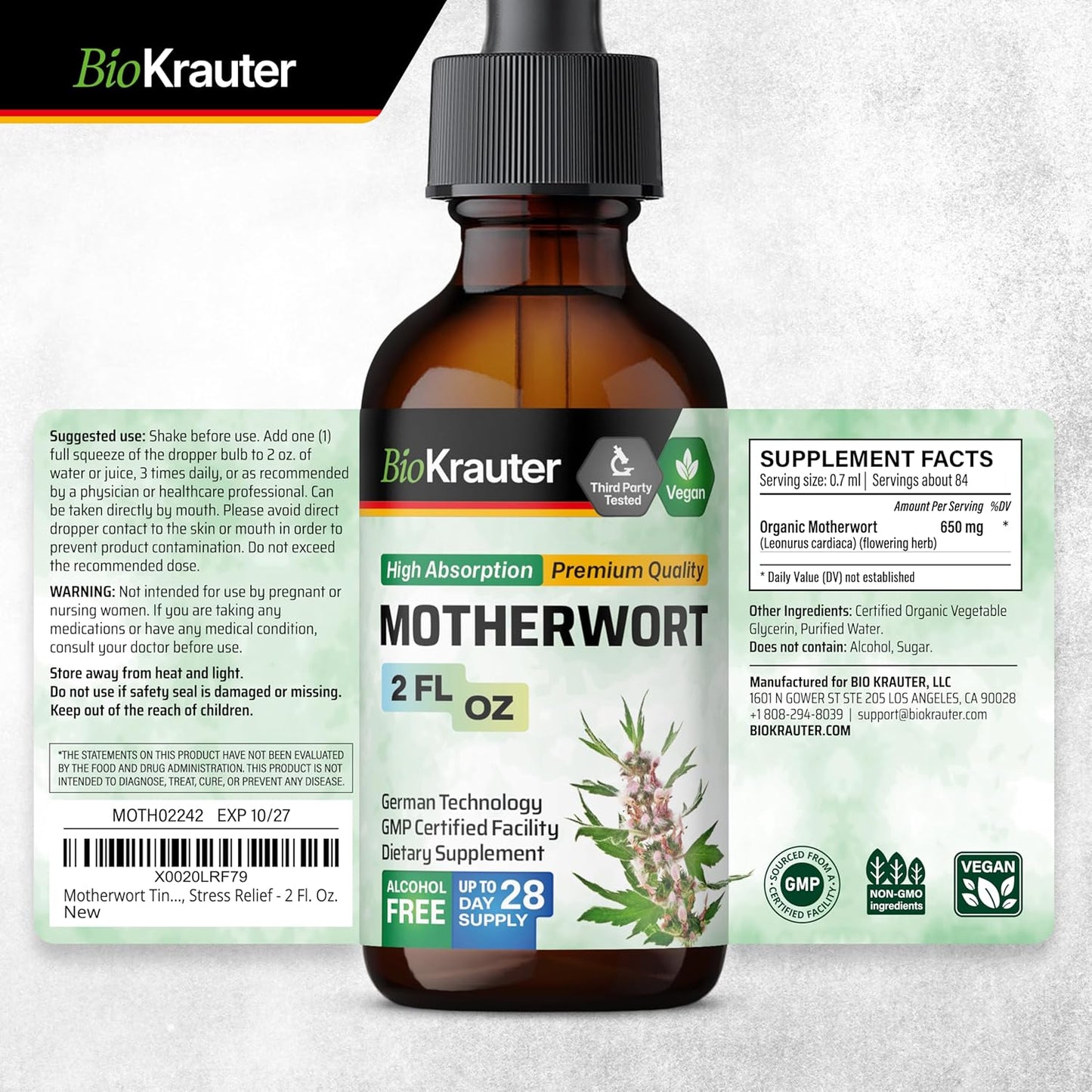 Motherwort Herbal Extract Tincture - Women's Health Liquid Supplement - Promotes Calmness - Vegan & Alcohol Free - 2 Fl.Oz.