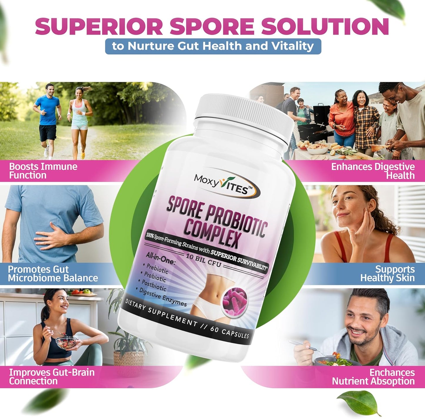 MoxyVites All-In-One Spore Probiotic Complex with Prebiotics, Postbiotics, and Enzymes - Daily Digestive Health Supplement for Women & Men