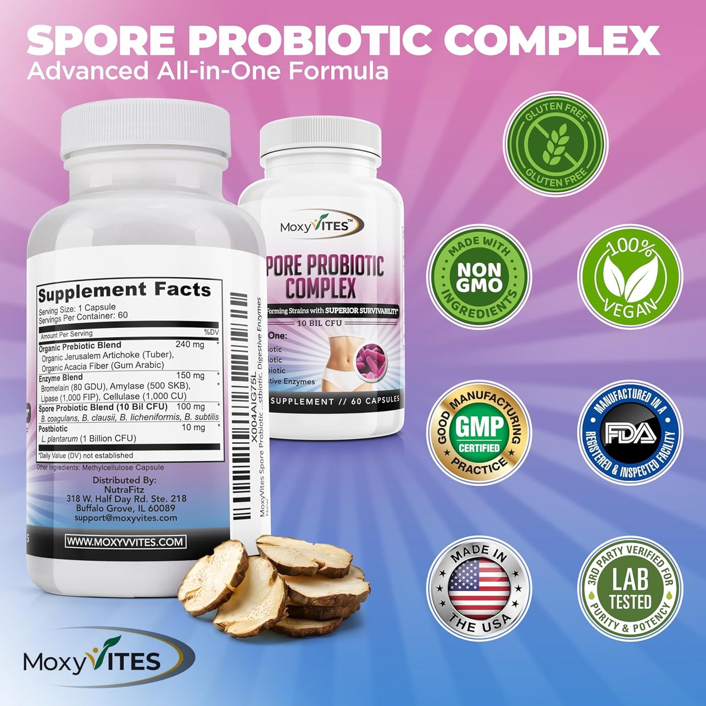 MoxyVites All-In-One Spore Probiotic Complex with Prebiotics, Postbiotics, and Enzymes - Daily Digestive Health Supplement for Women & Men