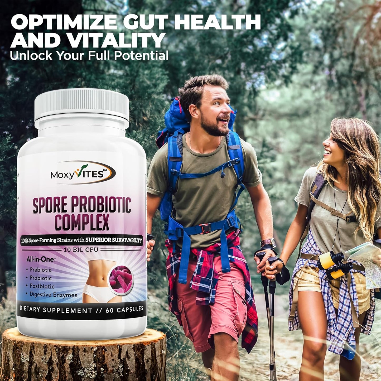 MoxyVites All-In-One Spore Probiotic Complex with Prebiotics, Postbiotics, and Enzymes - Daily Digestive Health Supplement for Women & Men