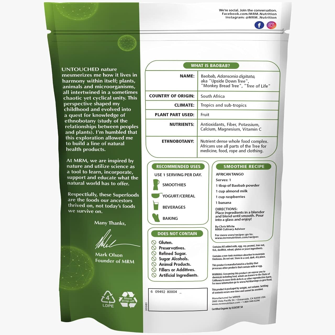 MRM Nutrition Baobab Powder: Organic Superfood for Digestive Health & Antioxidant Support - 40 Servings - BoostGo Australia