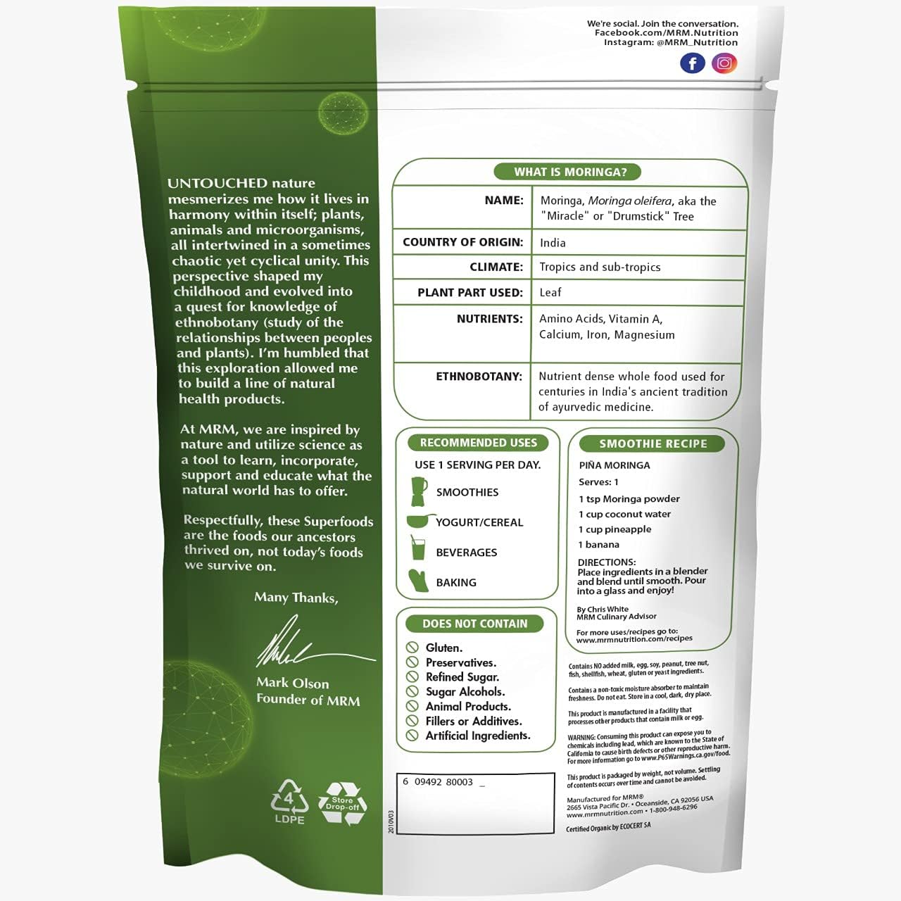 MRM Nutrition Moringa Powder - Superfood Supplement for Digestive Health with High Fiber & Antioxidants - 60 Servings
