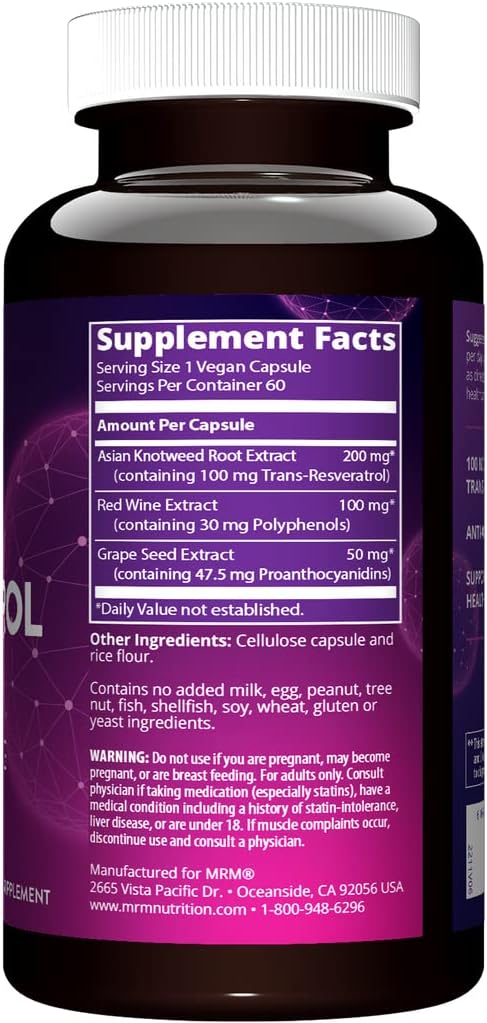 MRM Nutrition Resveratrol Supplement | 100mg Natural Trans-Resveratrol | Antioxidant Support | Gluten-Free & Vegan | 60 Servings - BoostGo Australia