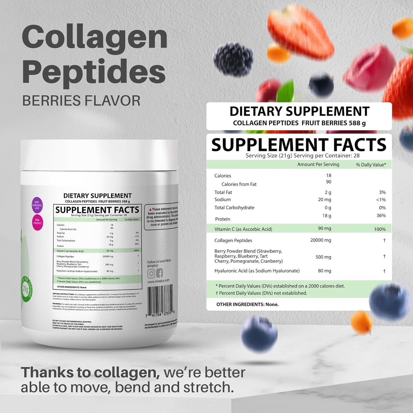 M+S Collagen Peptides Powder with Vitamin C & Hyaluronic Acid - Boosts Elasticity, Hair, Skin, Nails & Joints - Sugar-Free, 1.29 Lb (Berries)