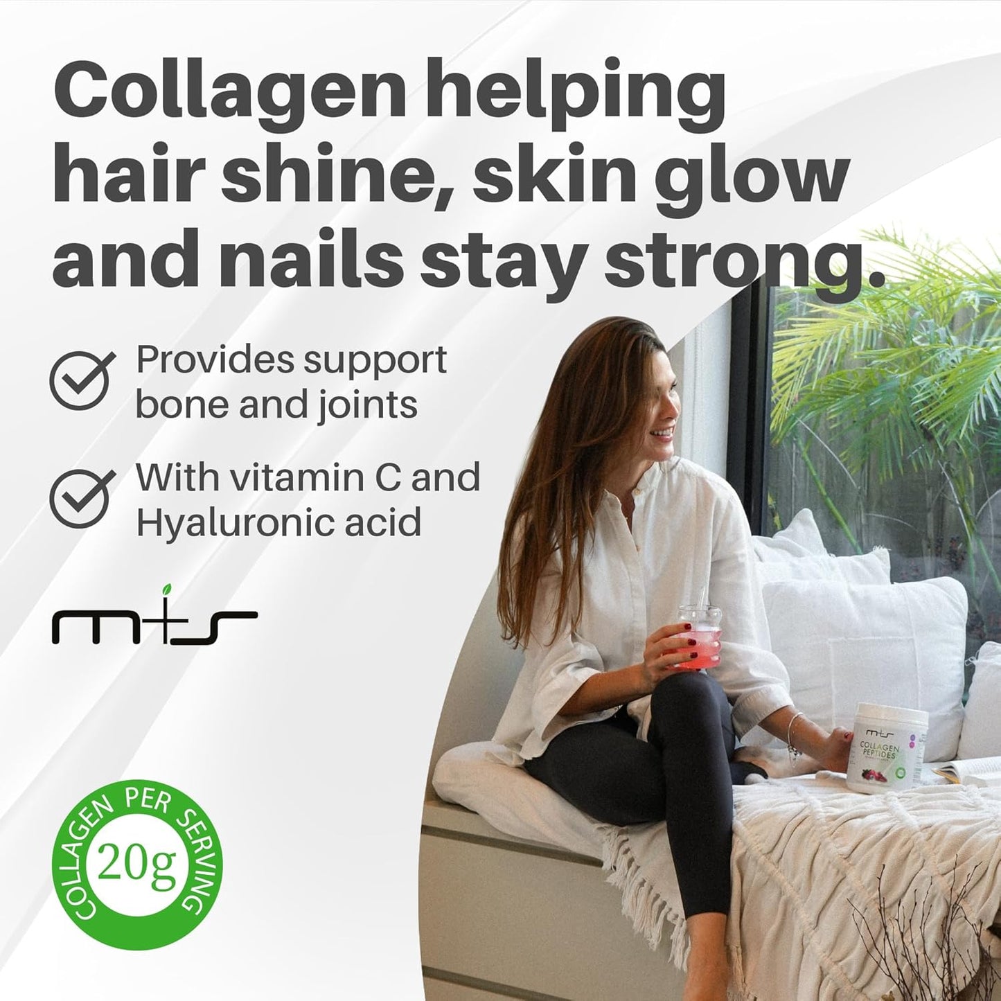 M+S Collagen Peptides Powder with Vitamin C & Hyaluronic Acid - Boosts Elasticity, Hair, Skin, Nails & Joints - Sugar-Free, 1.29 Lb (Berries)