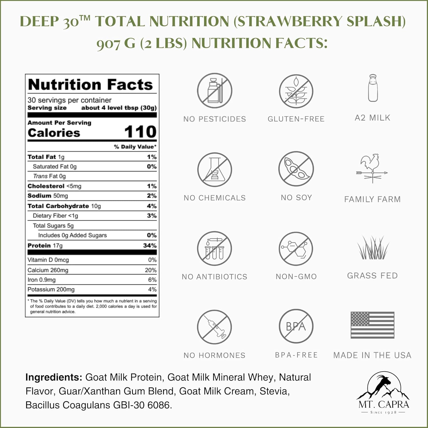 Mt. Capra Deep 30 Meal Replacement Shake with Goat Protein, Grass-Fed Whey, Casein, Minerals, and Probiotics - Strawberry Splash - 30 Servings