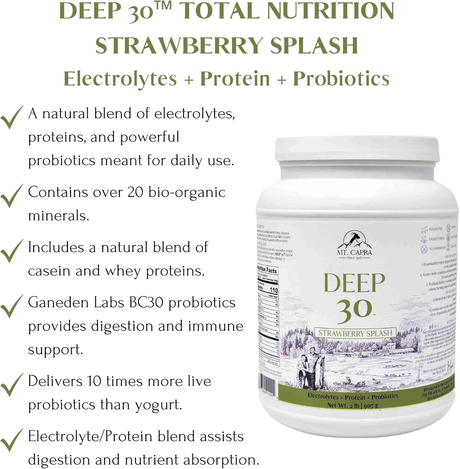 Mt. Capra Deep 30 Meal Replacement Shake with Goat Protein, Grass-Fed Whey, Casein, Minerals, and Probiotics - Strawberry Splash - 30 Servings