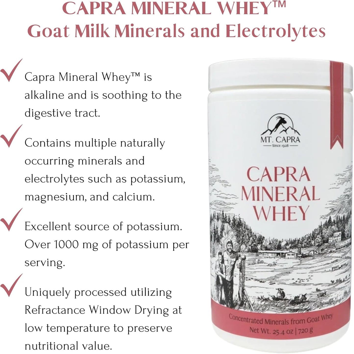 Mt. Capra Mineral Whey Powder Supplement - Rich in Potassium, Alkalizing, Bio-Available, from Goat Milk Whey - 25.4 oz, 28 Servings