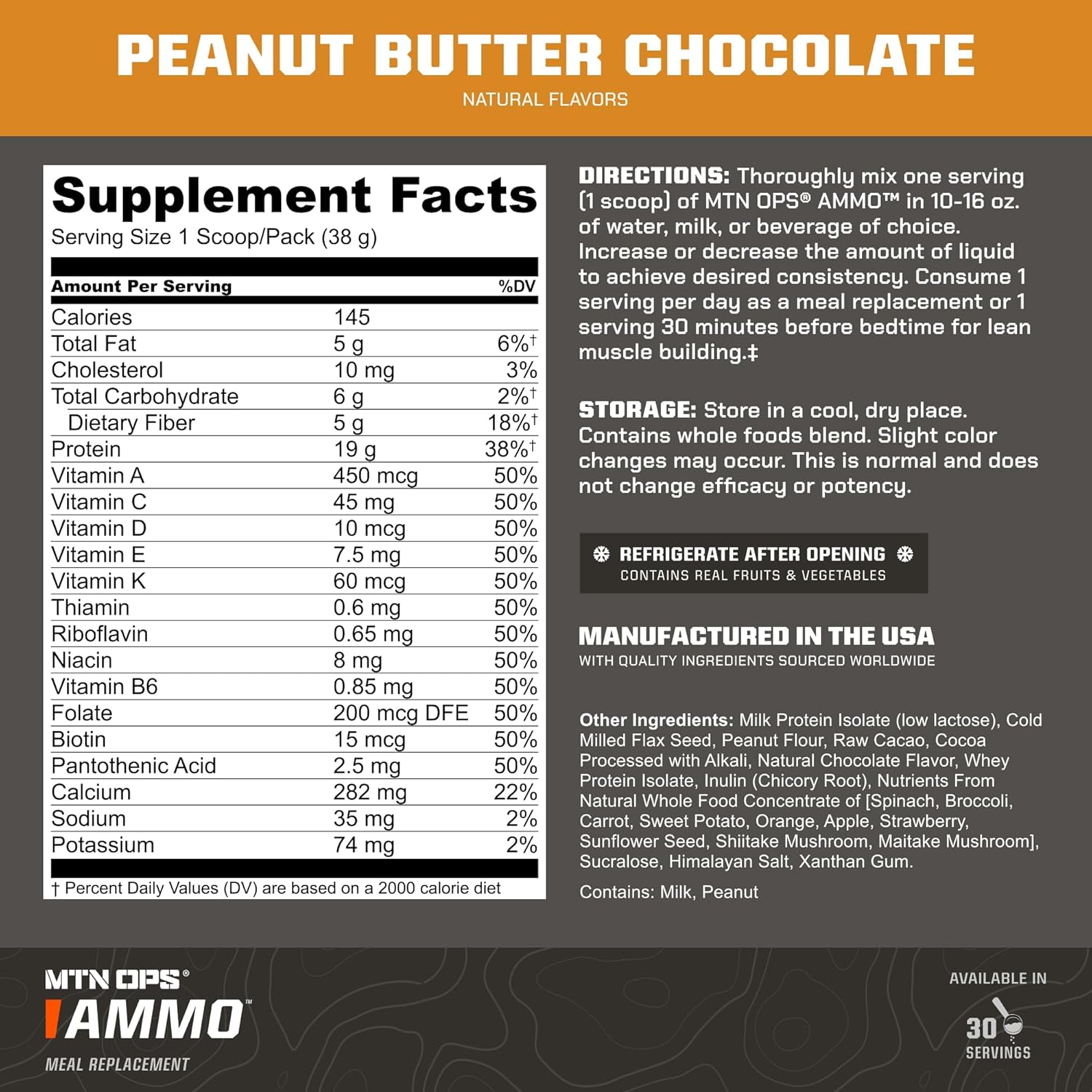 MTN OPS Ammo Lean Muscle Building Protein Powder Shake, 28 Servings - Peanut Butter Chocolate Flavor