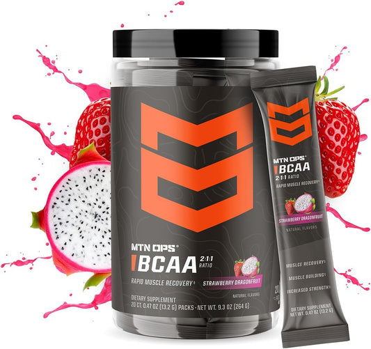 MTN OPS BCAA 2:1:1 Amino Acids Powder for Muscle Recovery - Strawberry Dragonfruit Trail Packs, 30 Servings