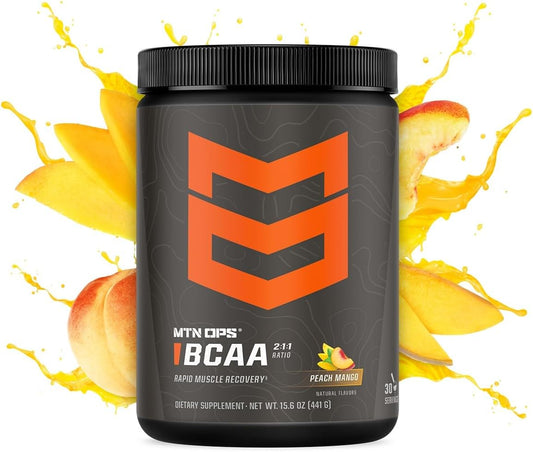 MTN OPS BCAA 2:1:1 Amino Acids Supplement Powder - Peach Mango Flavor, 30 Servings, Gluten Free, Zero Sugar - Ideal for Rapid Muscle Recovery & Repair