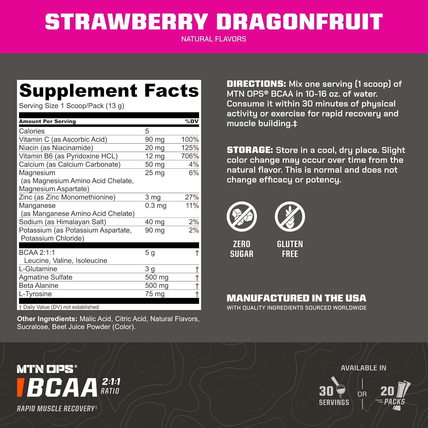 MTN OPS BCAA 2:1:1 Amino Acids Supplement Powder - Strawberry Dragonfruit Flavor - 30 Servings - Sugar & Gluten Free for Muscle Recovery - BoostGo Australia