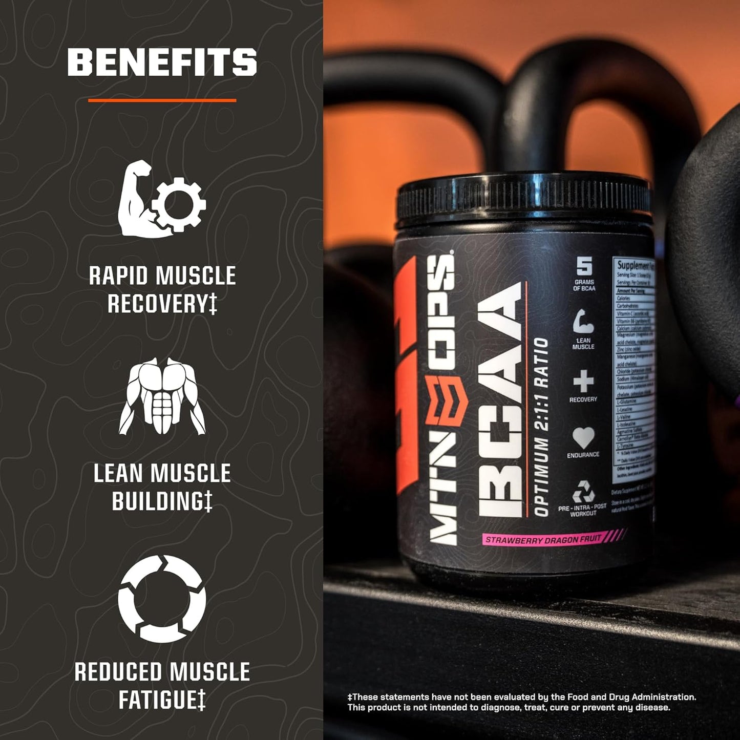 MTN OPS BCAA 2:1:1 Amino Acids Supplement Powder - Strawberry Dragonfruit Flavor - 30 Servings - Sugar & Gluten Free for Muscle Recovery - BoostGo Australia