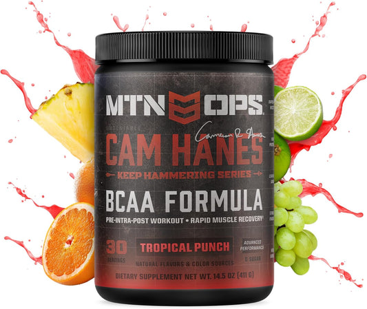 MTN OPS BCAA Powder Tropical Punch Flavor, Cameron Hanes Keep Hammering Series - Zero Sugar, Gluten Free, 30-Serving Tub for Muscle Recovery