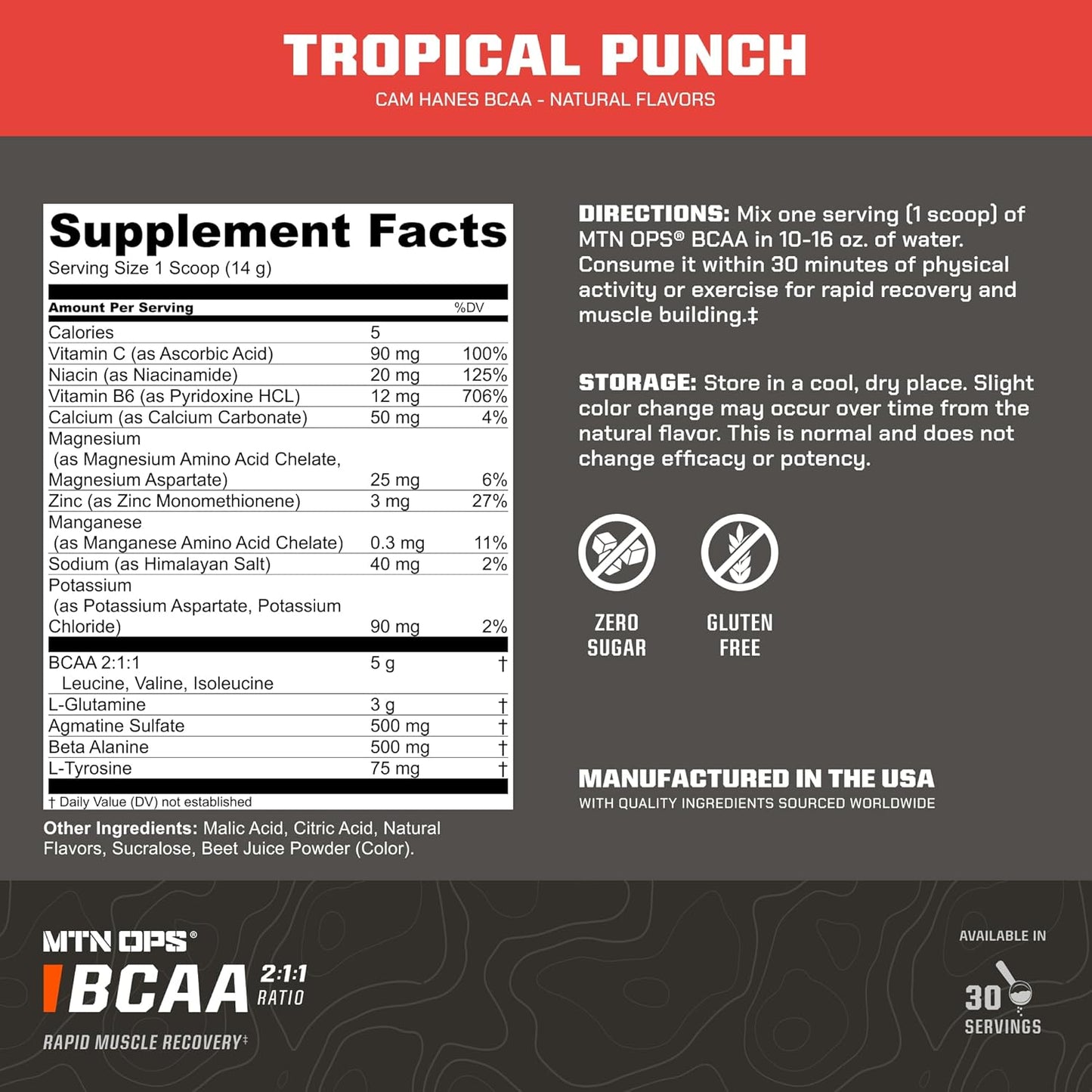 MTN OPS BCAA Powder Tropical Punch Flavor, Cameron Hanes Keep Hammering Series - Zero Sugar, Gluten Free, 30-Serving Tub for Muscle Recovery