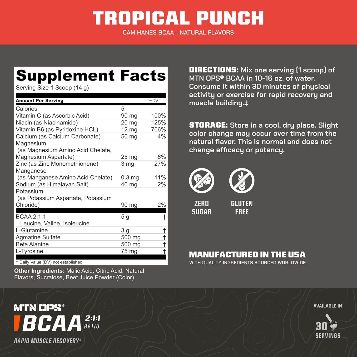 MTN OPS BCAA Powder Tropical Punch Flavor, Cameron Hanes Keep Hammering Series - Zero Sugar, Gluten Free, 30-Serving Tub for Muscle Recovery