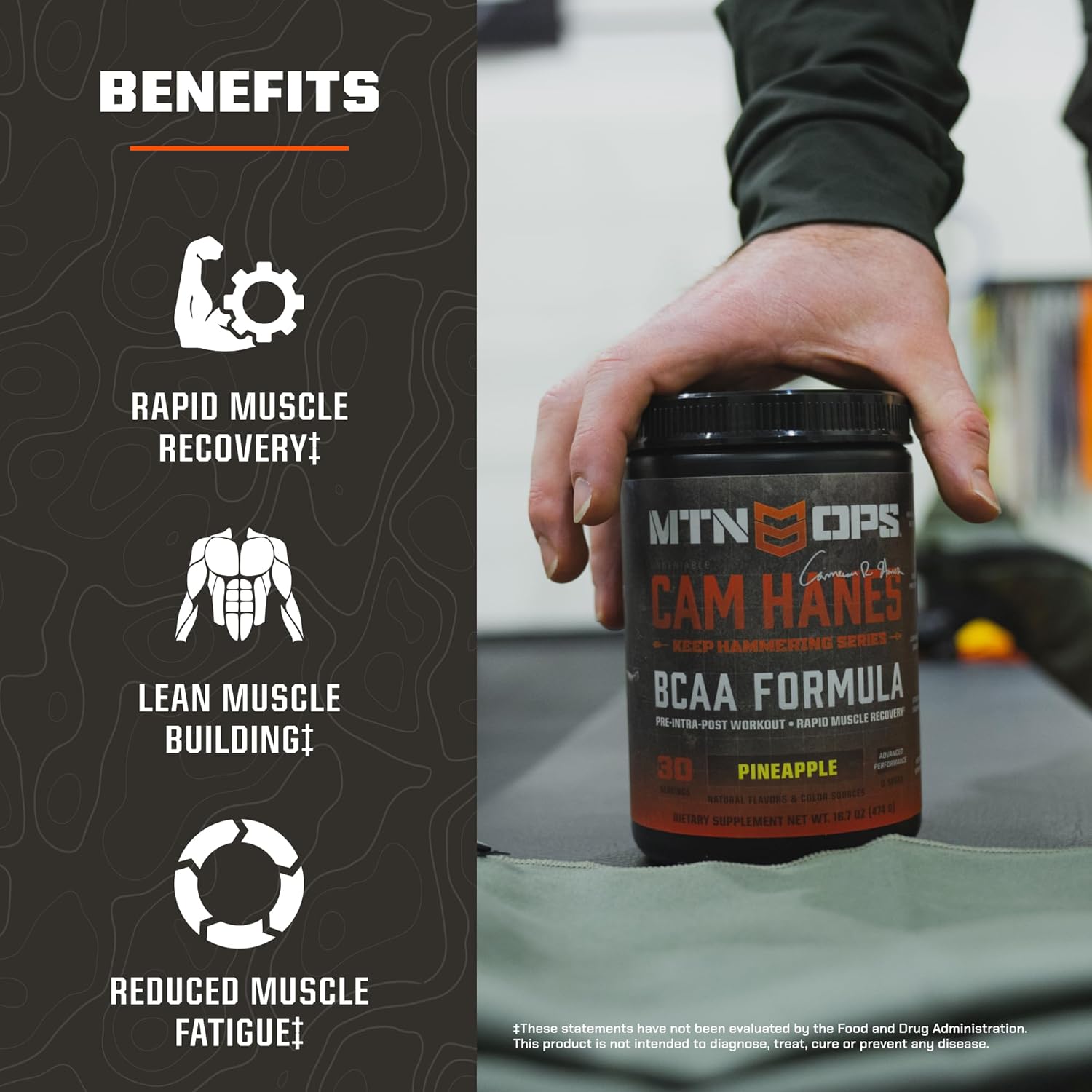 MTN OPS BCAA Powder Tropical Punch Flavor, Cameron Hanes Keep Hammering Series - Zero Sugar, Gluten Free, 30-Serving Tub for Muscle Recovery