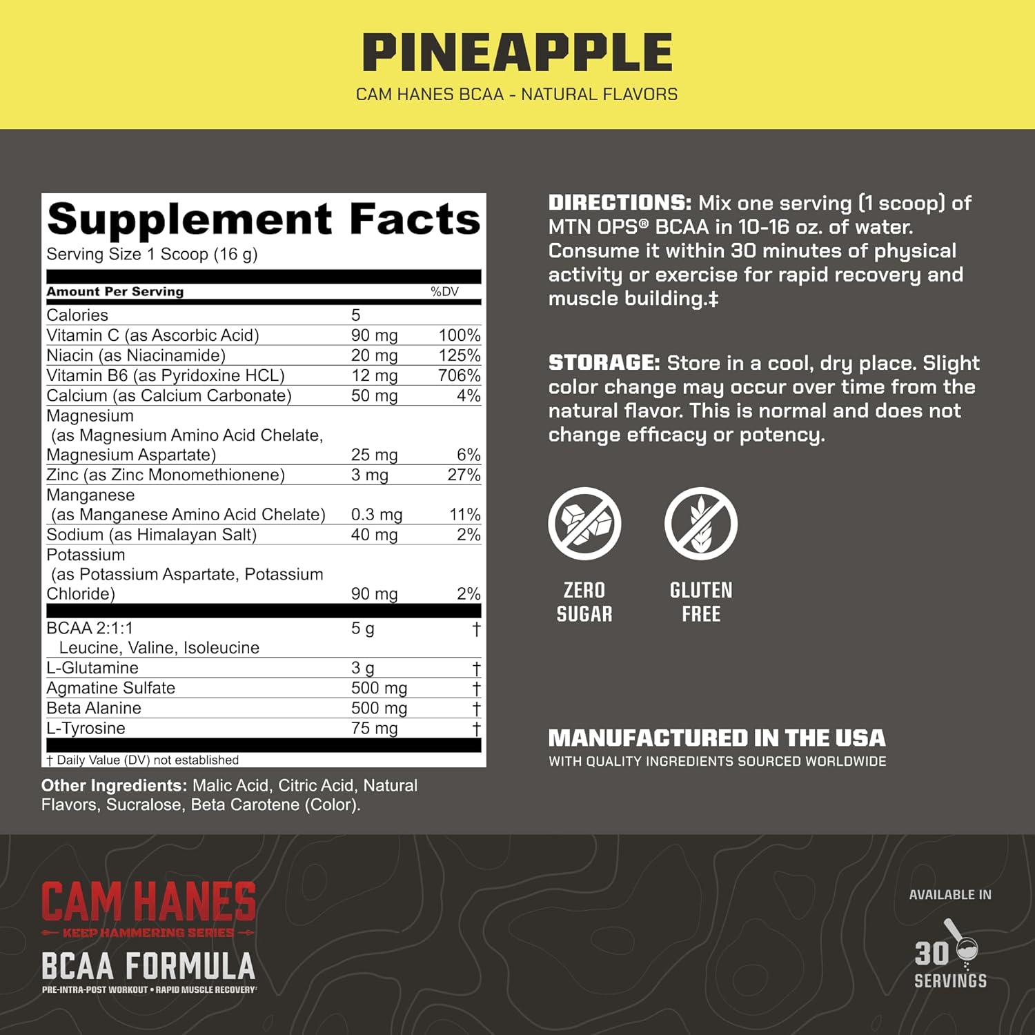 MTN OPS Cameron Hanes Keep Hammering BCAA Powder - 30 Servings, 2:1:1 Amino Acids for Muscle Recovery & Repair, Zero Sugar & Gluten Free