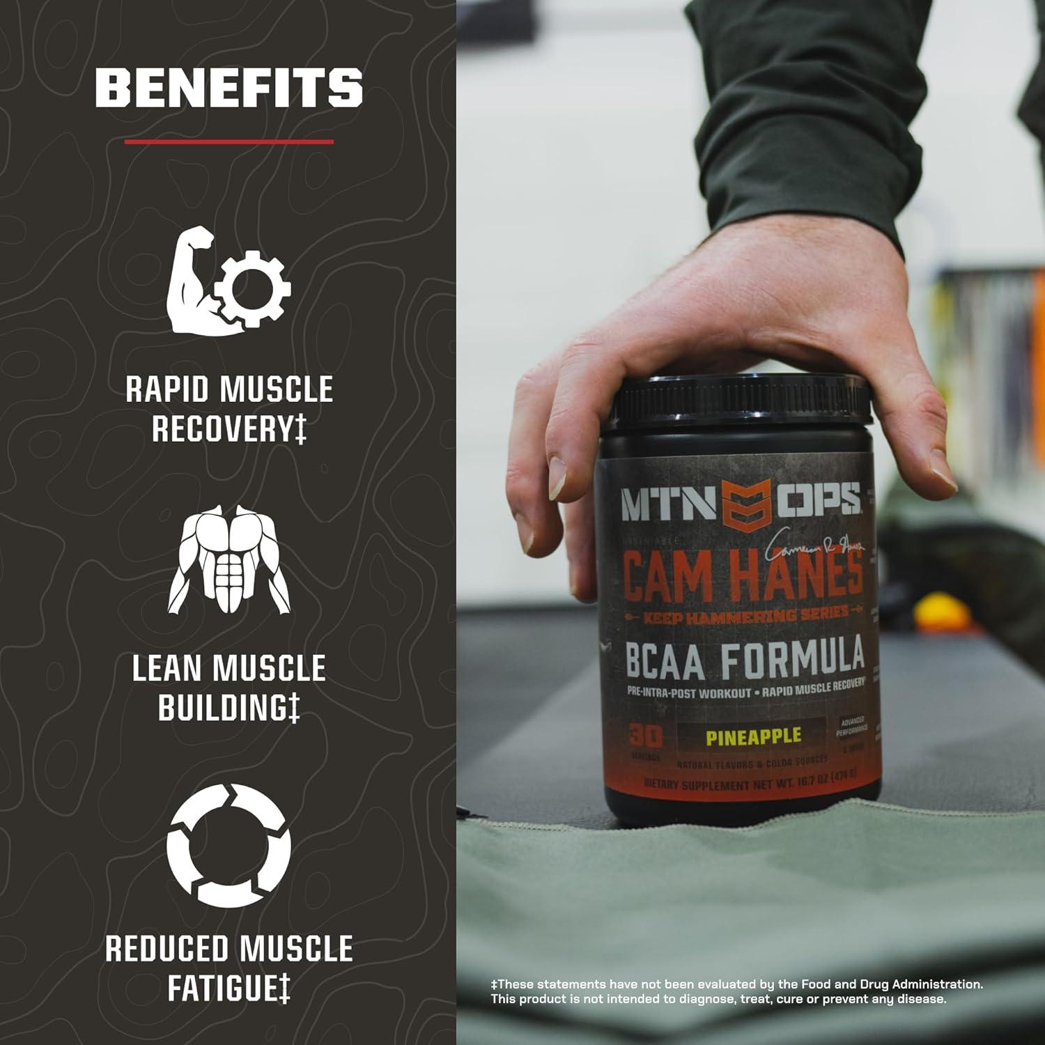 MTN OPS Cameron Hanes Keep Hammering BCAA Powder - 30 Servings, 2:1:1 Amino Acids for Muscle Recovery & Repair, Zero Sugar & Gluten Free