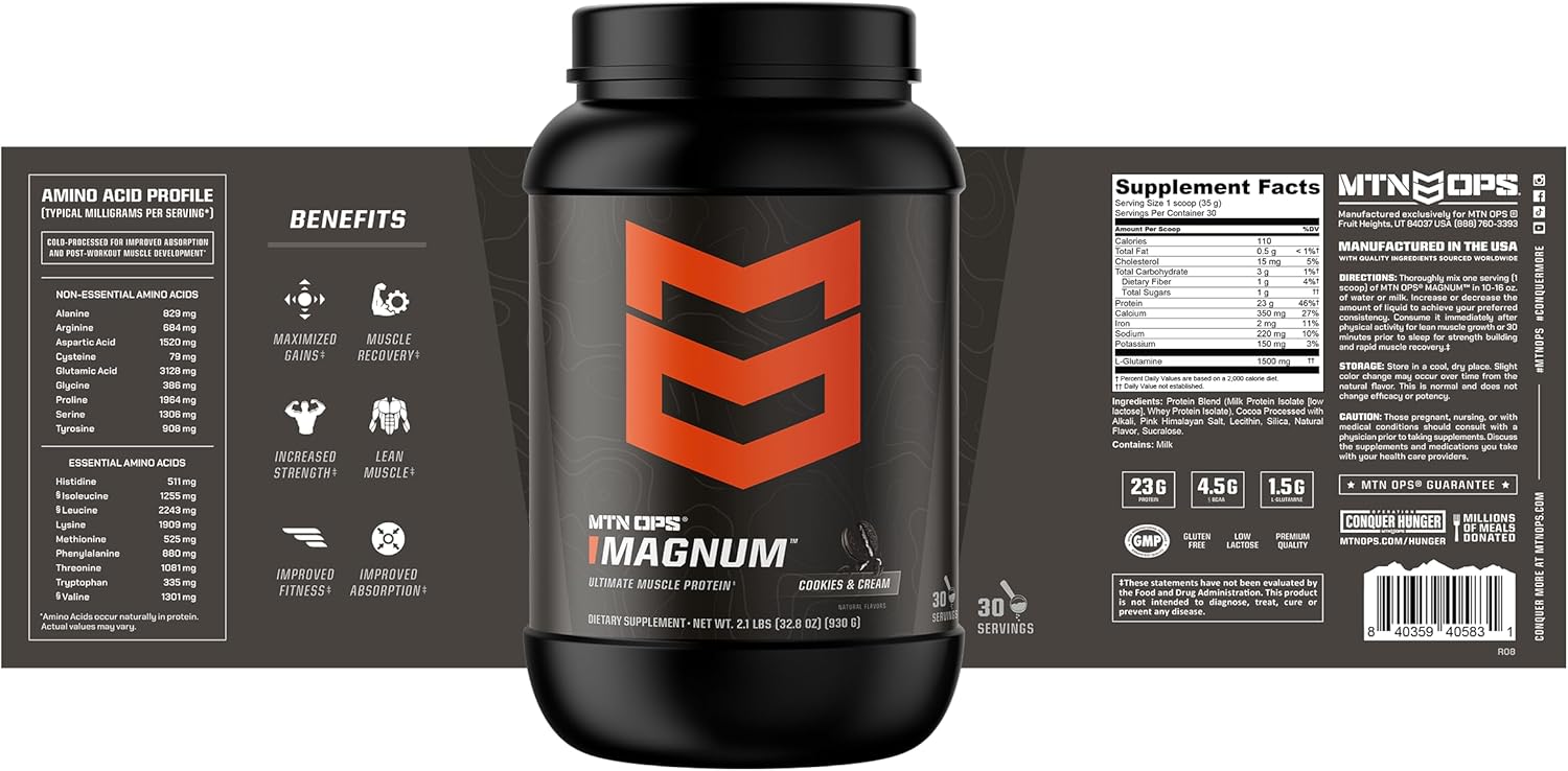 MTN OPS Cookies & Cream Protein Powder with 23g Whey Isolate & Milk Protein, BCAAs, Zero Sugar, Gluten Free - 30 Servings