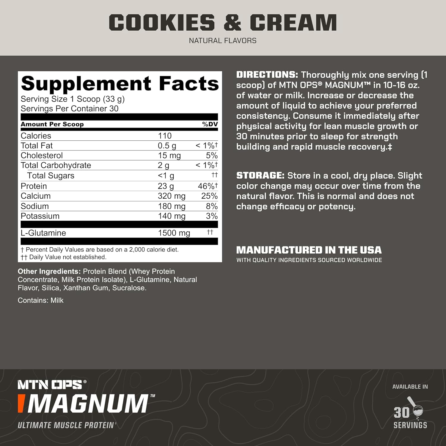 MTN OPS Cookies & Cream Protein Powder with 23g Whey Isolate & Milk Protein, BCAAs, Zero Sugar, Gluten Free - 30 Servings