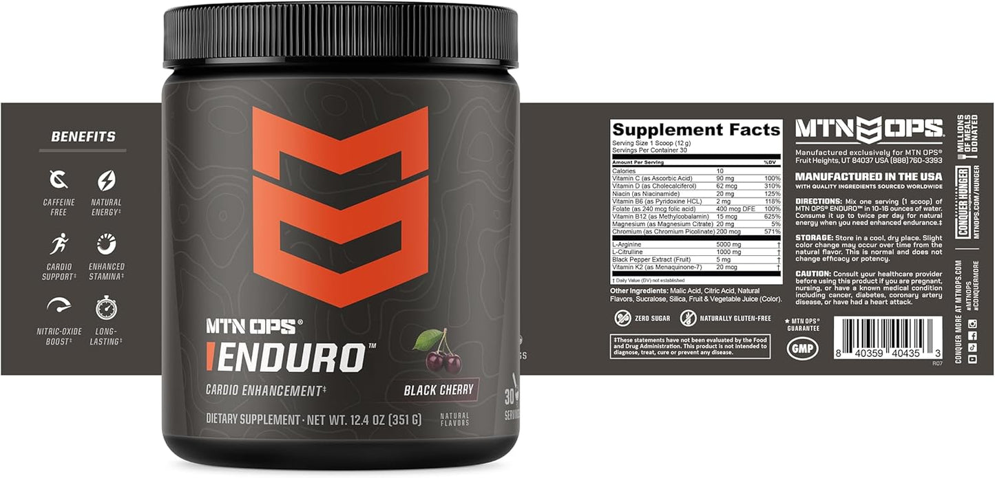 MTN OPS Enduro Nitric Oxide Supplement & Stim-Free Pre Workout - Black Cherry - 30 Servings