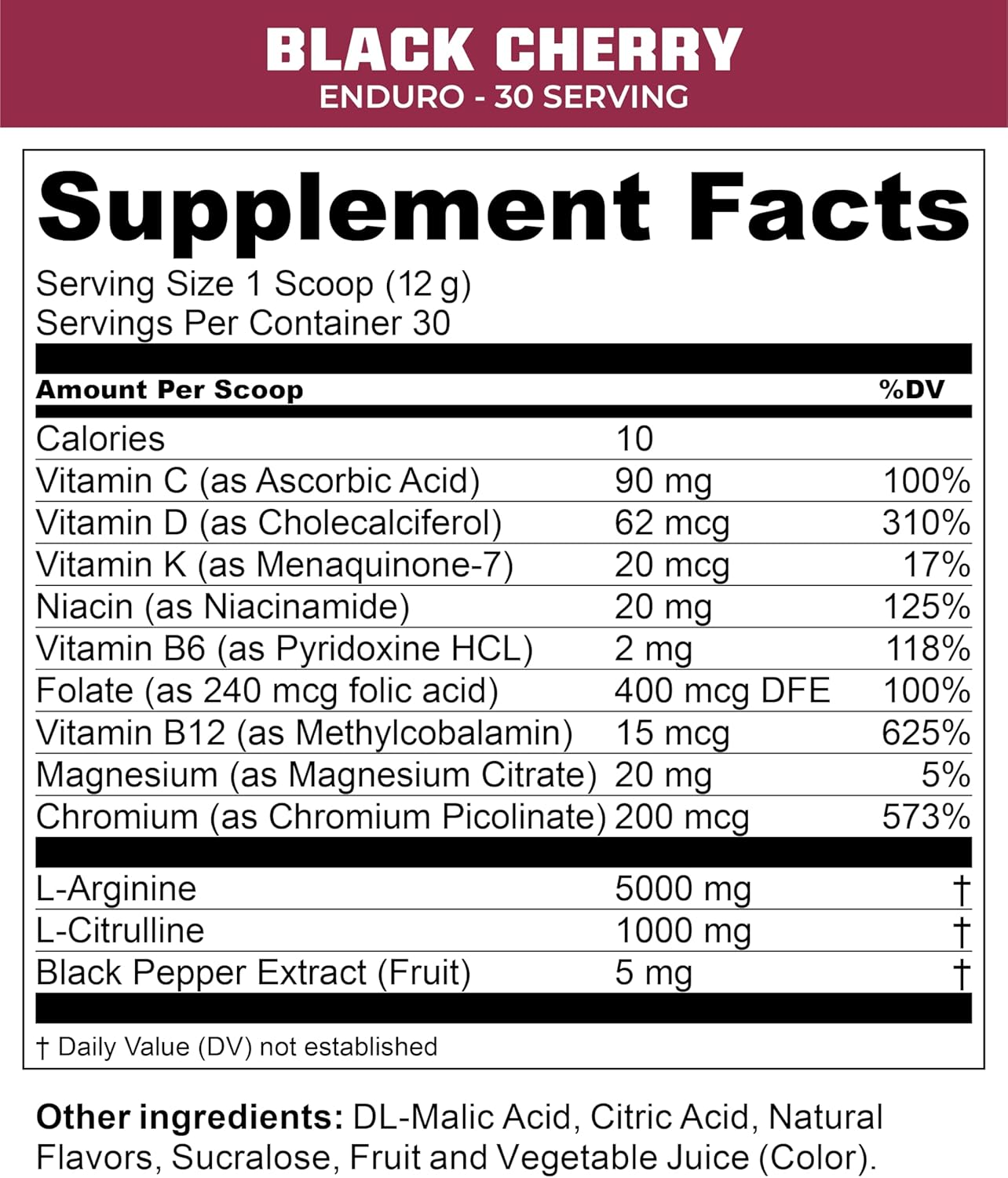 MTN OPS Enduro Nitric Oxide Supplement & Stim-Free Pre Workout - Black Cherry - 30 Servings