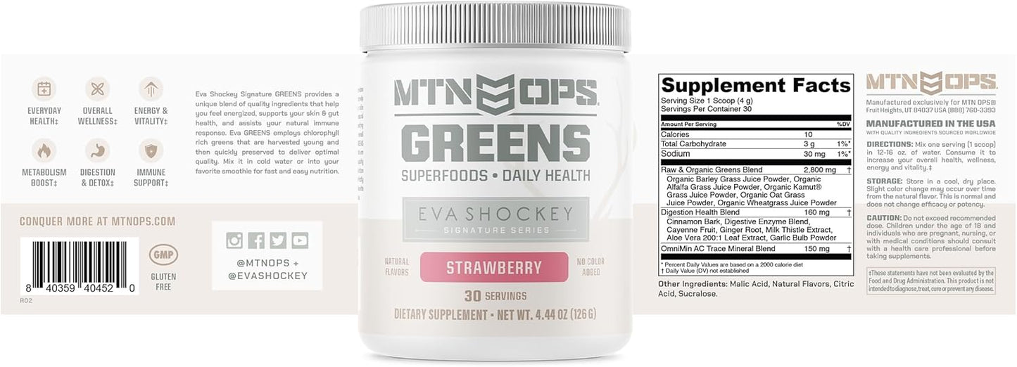 MTN OPS Eva Shockey Signature Series Organic Super Greens Powder, Strawberry Flavor, 30 Servings - 4.4 Ounce Size