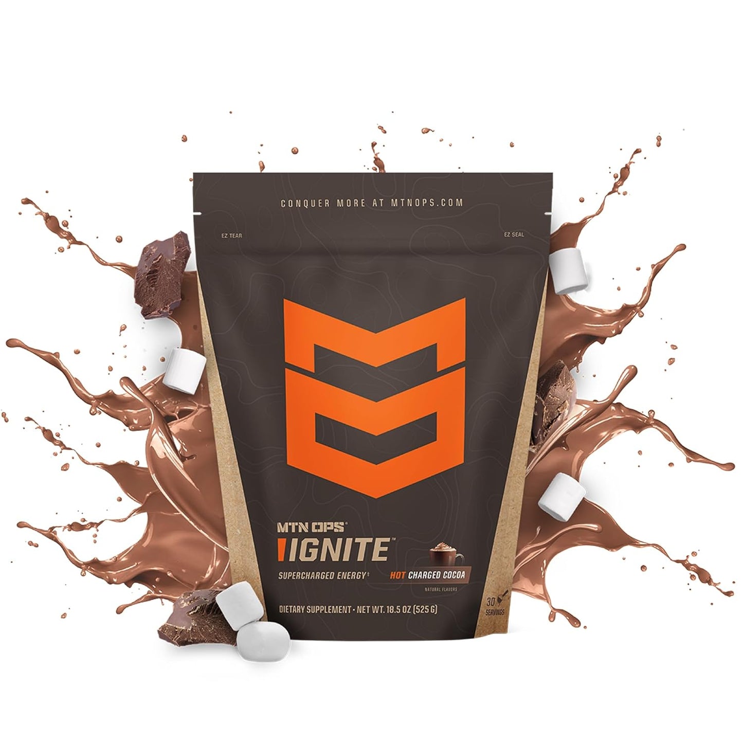 MTN OPS Hot Ignite Charged Cocoa Energy Drink Mix - Focus Enhancer (30 Servings)