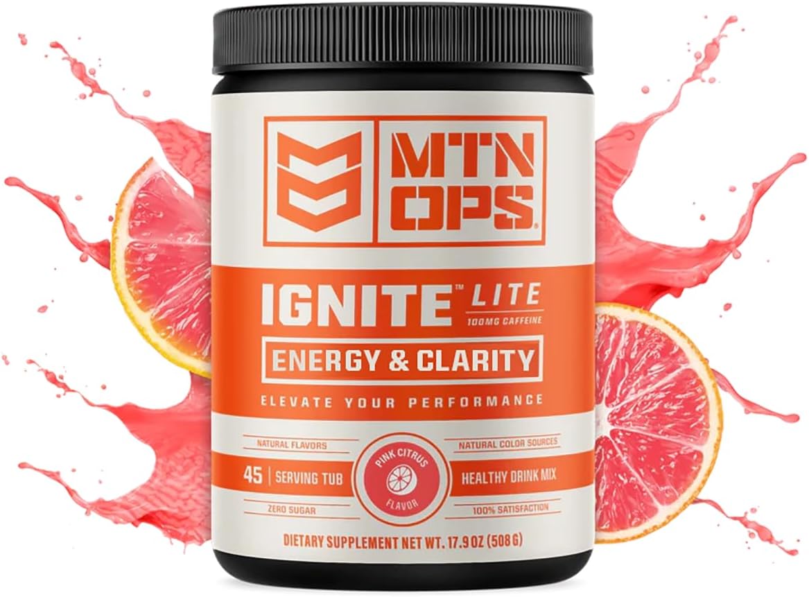 MTN OPS Ignite Lite Energy Drink Mix - Pink Citrus, 100mg Caffeine, 45 Servings