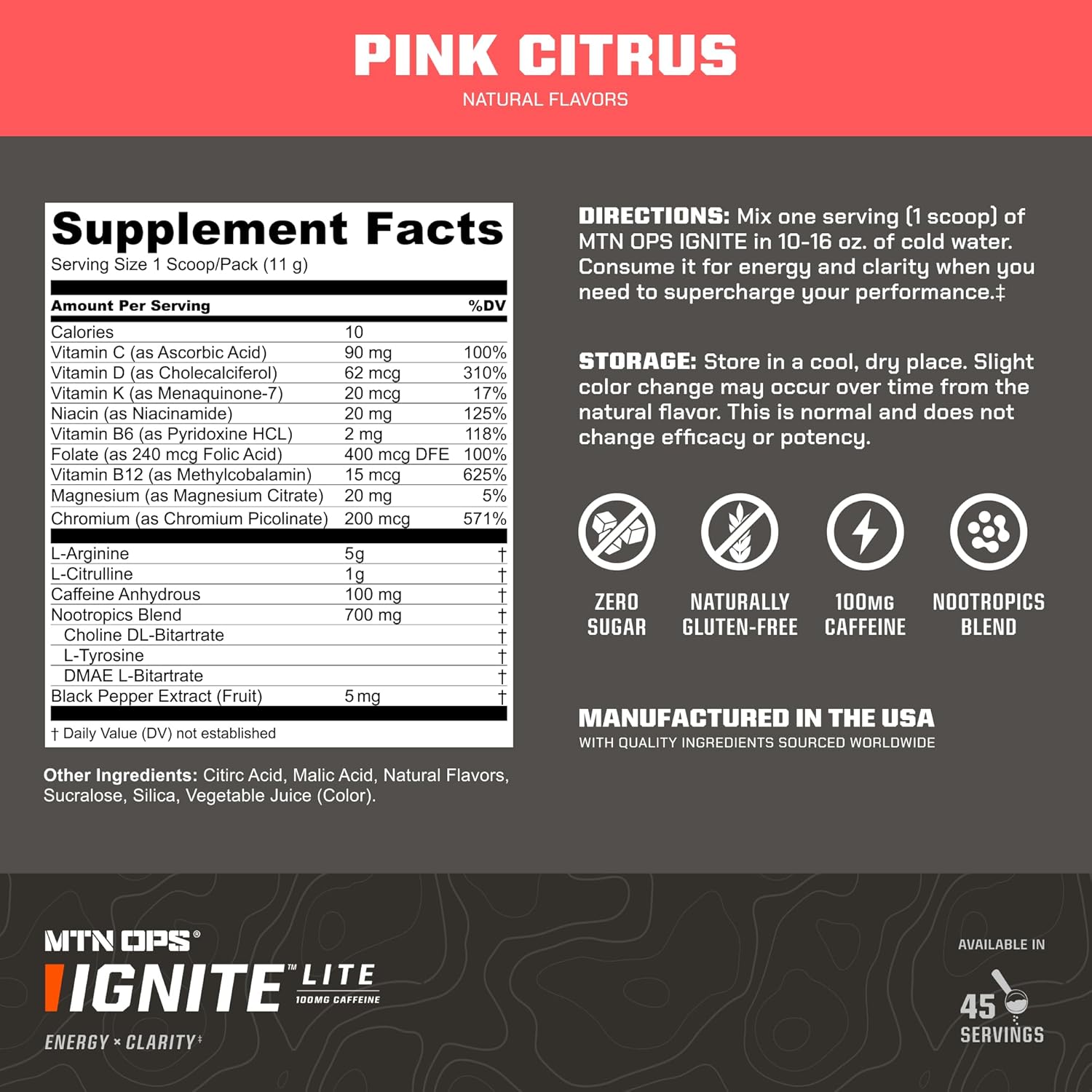 MTN OPS Ignite Lite Energy Drink Mix - Pink Citrus, 100mg Caffeine, 45 Servings