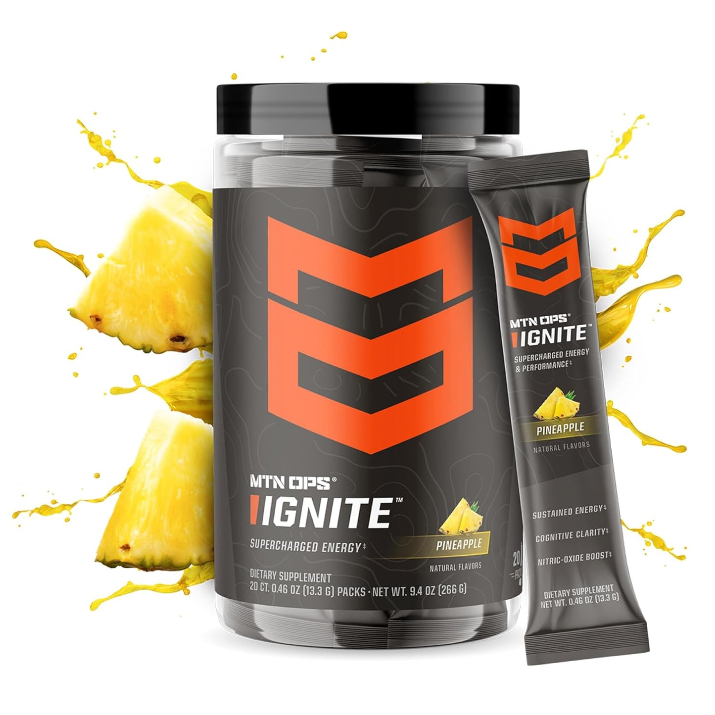 MTN OPS Ignite Trail Packs Energy Drink Powder - Gluten Free Nitric Oxide Supplement Mix with L Arginine, L Citrulline, Caffeine & Nootropic, Sugar Free Pineapple Crush Flavor - 20 Servings