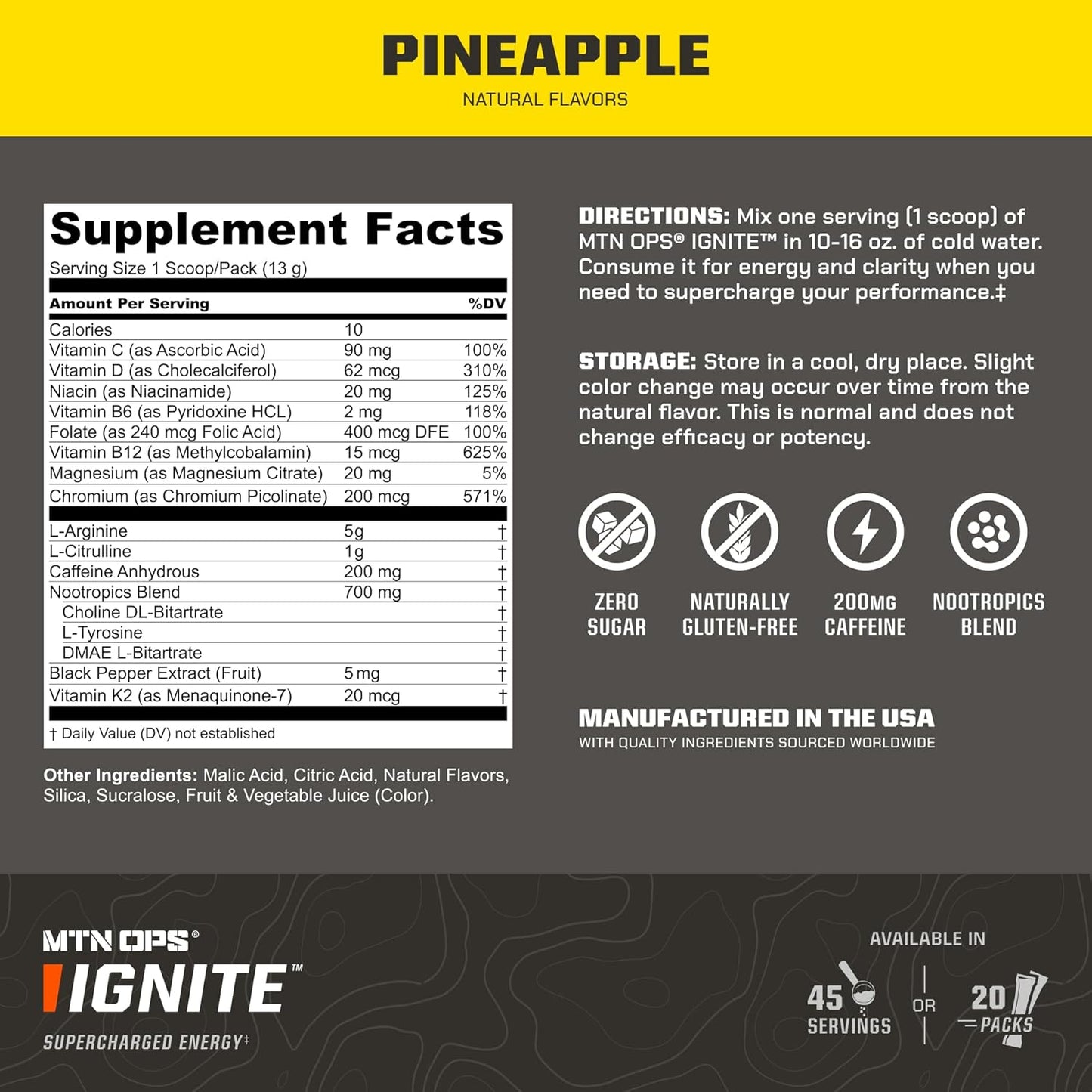 MTN OPS Ignite Trail Packs Energy Drink Powder - Gluten Free Nitric Oxide Supplement Mix with L Arginine, L Citrulline, Caffeine & Nootropic, Sugar Free Pineapple Crush Flavor - 20 Servings
