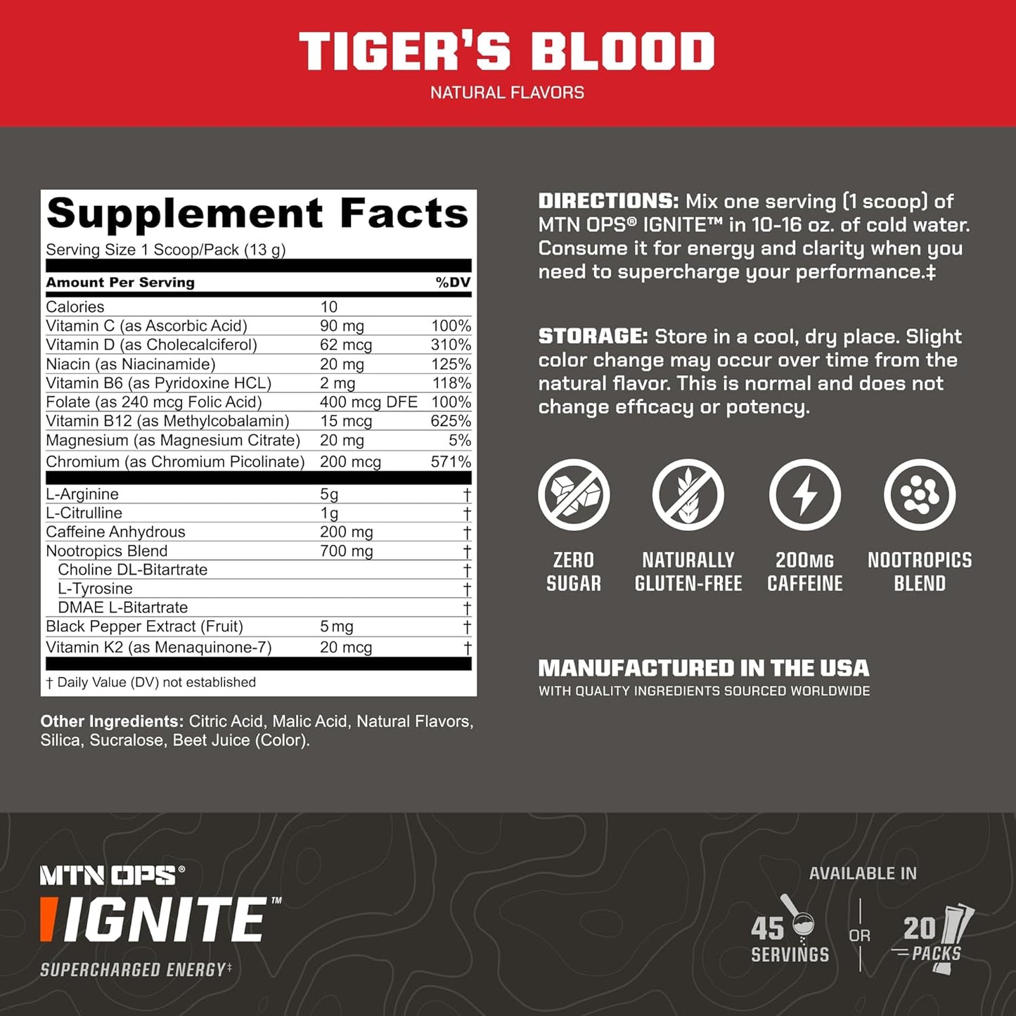MTN OPS Ignite Trail Packs Tiger's Blood Energy Drink Mix - Supercharged Formula