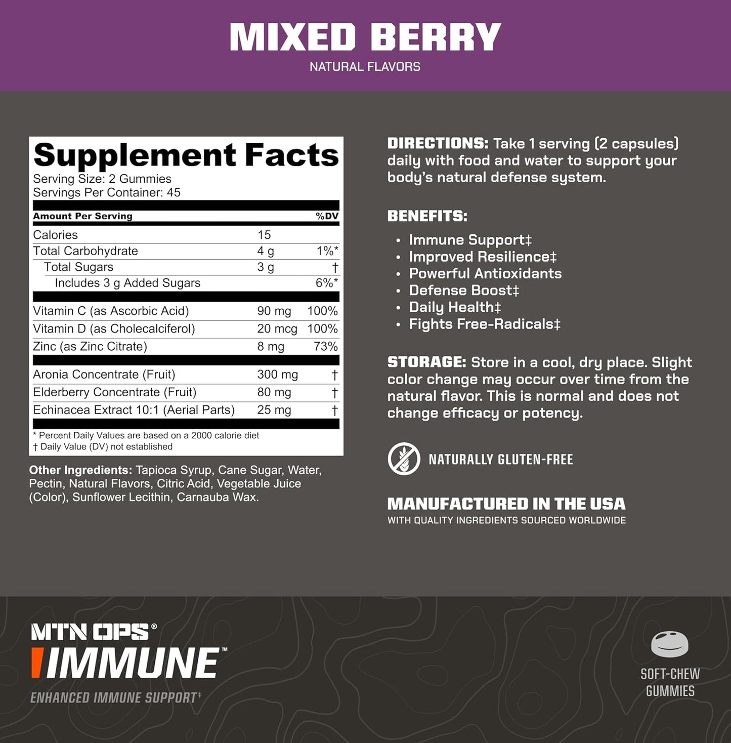 MTN OPS Immune Gummies: Elderberry & Aronia Berry Supplement for Adults, 90 Gummies, Mixed Berry Flavor, Gluten-Free