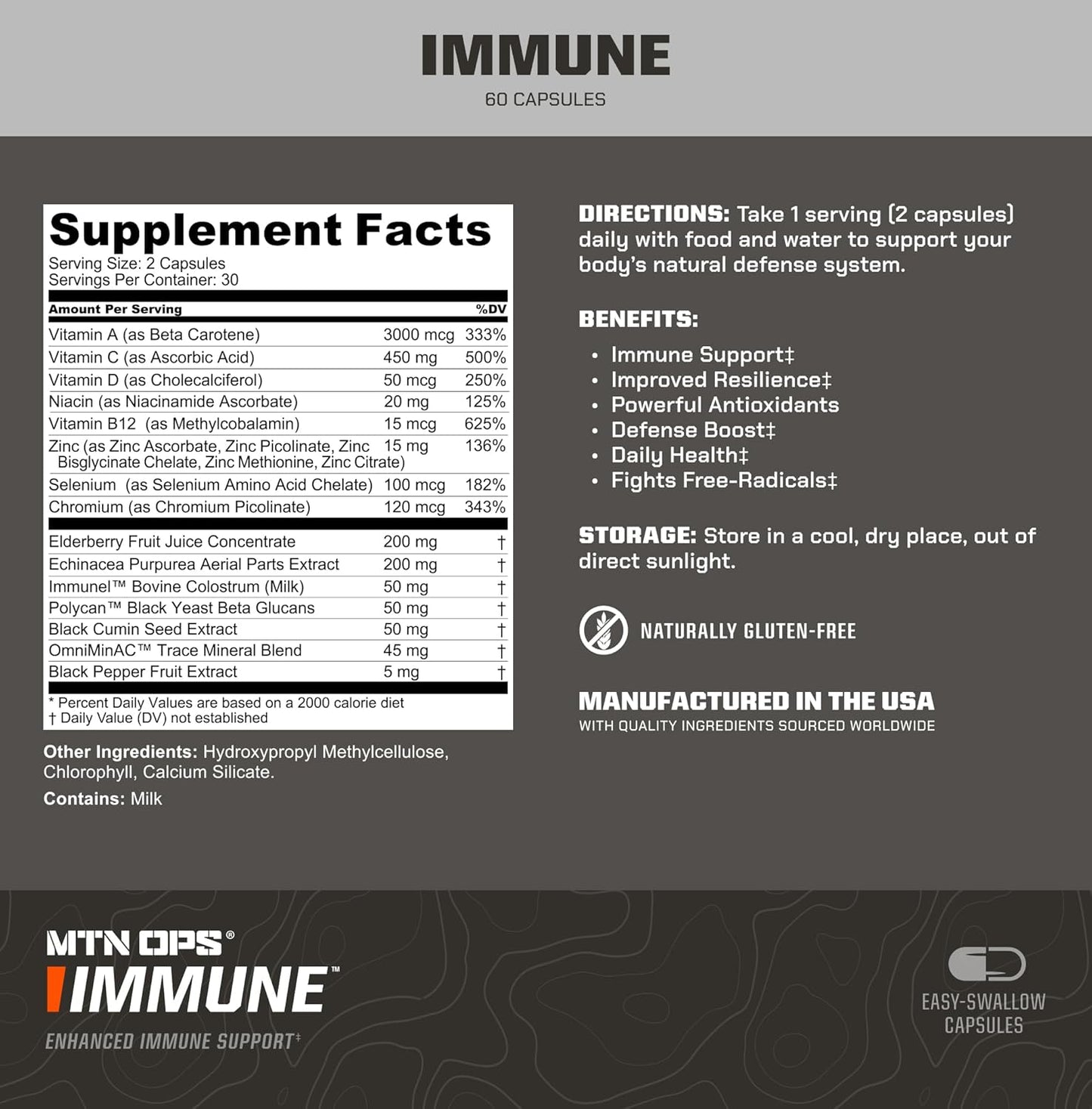 MTN OPS Immune Support Capsules with Vitamin D, C, Zinc, Elderberry, Echinacea - 60 Capsules