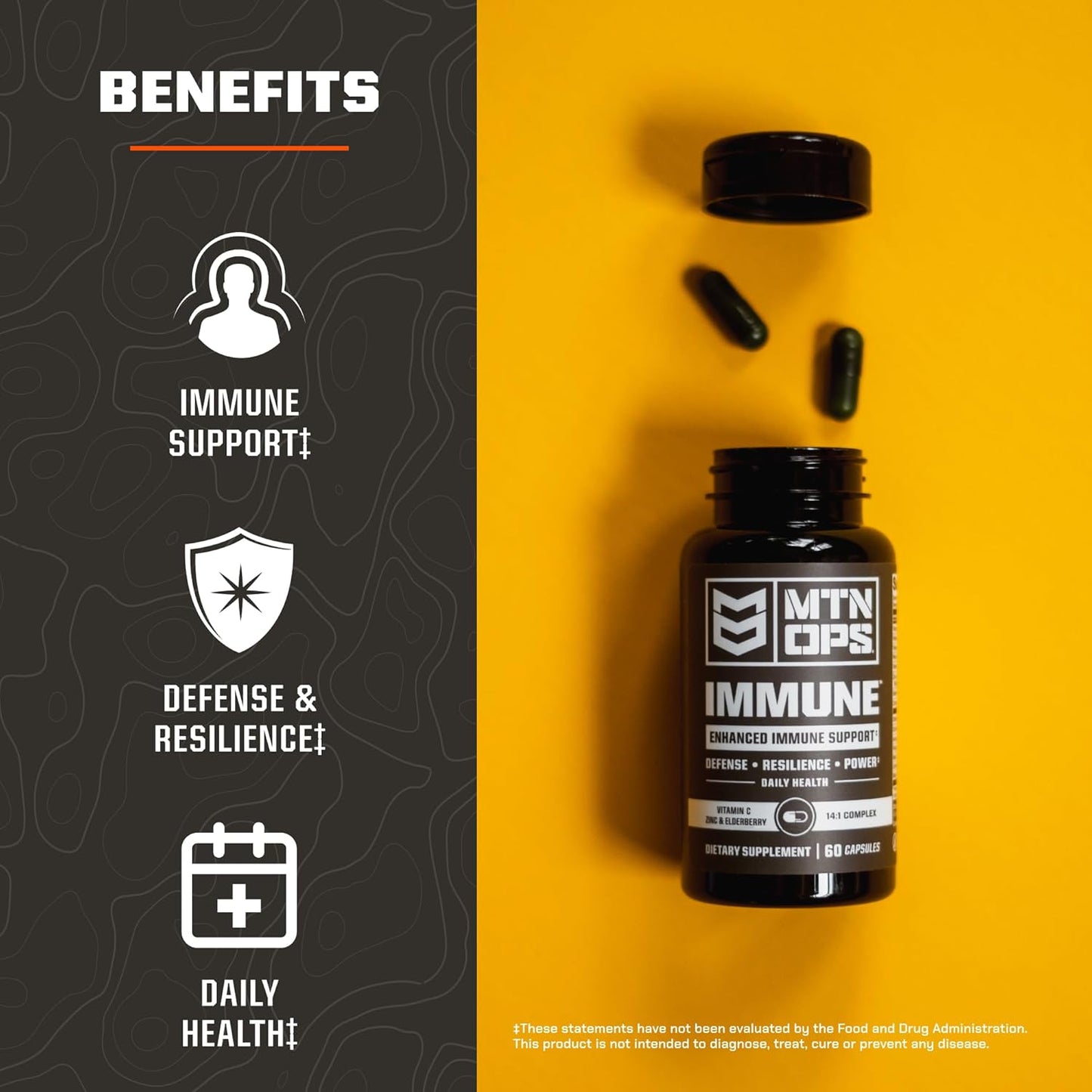 MTN OPS Immune Support Capsules with Vitamin D, C, Zinc, Elderberry, Echinacea - 60 Capsules