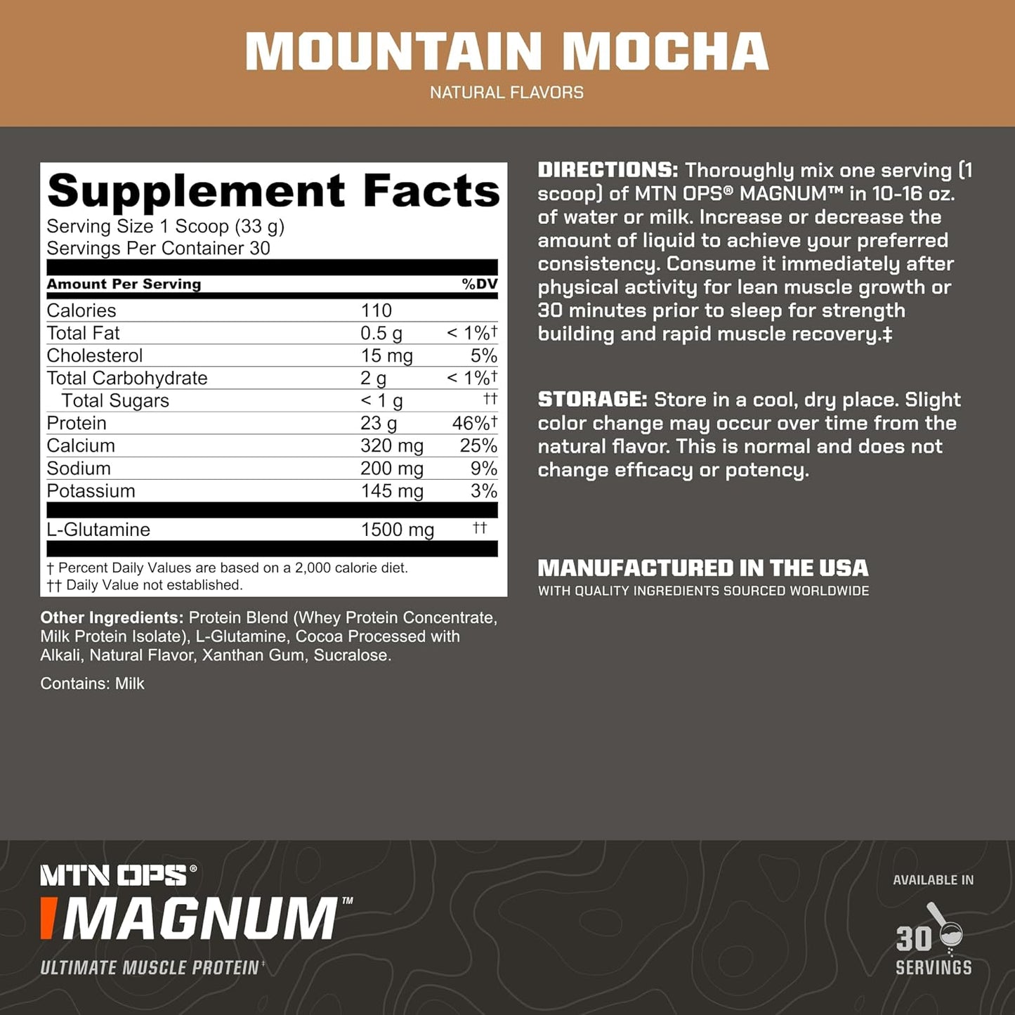 MTN OPS Magnum Mocha Protein Powder - 23g Whey Isolate Protein, BCAAs, Zero Sugar - Gluten Free - Mocha Flavor - 30 Servings
