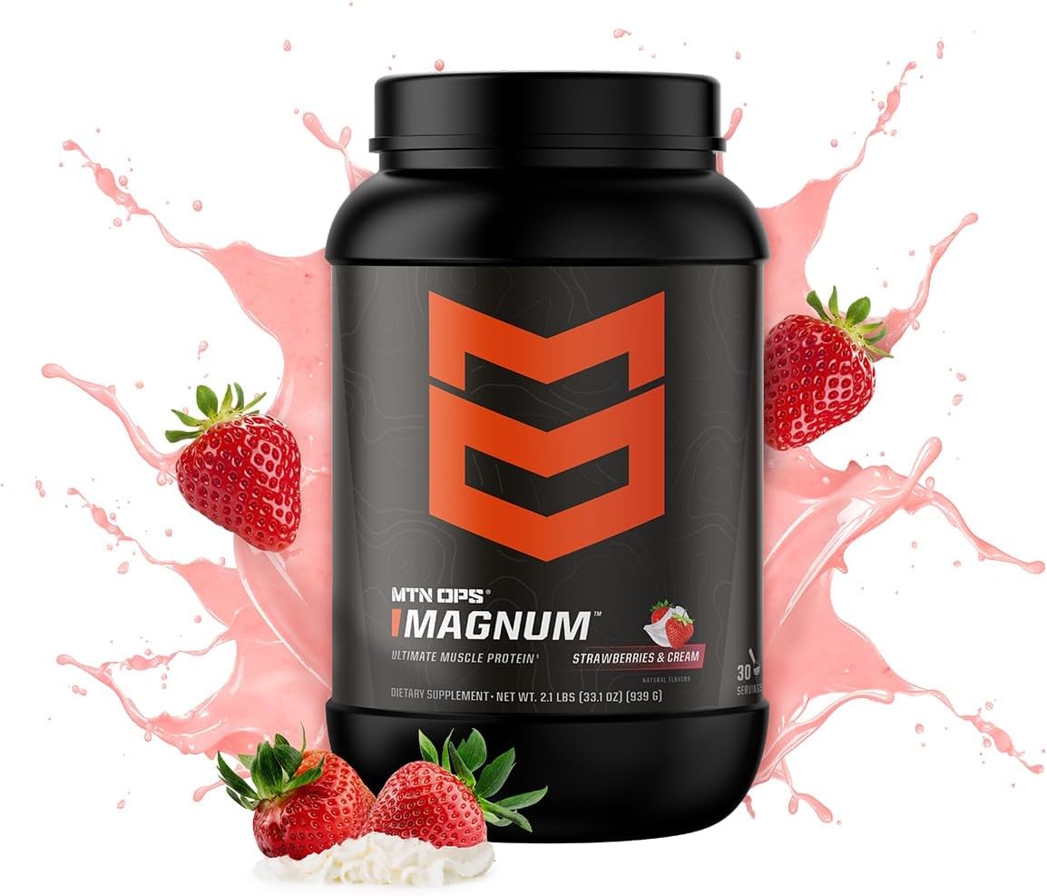 MTN OPS Magnum Strawberries & Cream Protein Powder - 23g Whey Isolate & Milk Protein, BCAAs, Sugar-Free, Gluten-Free - 30 Servings