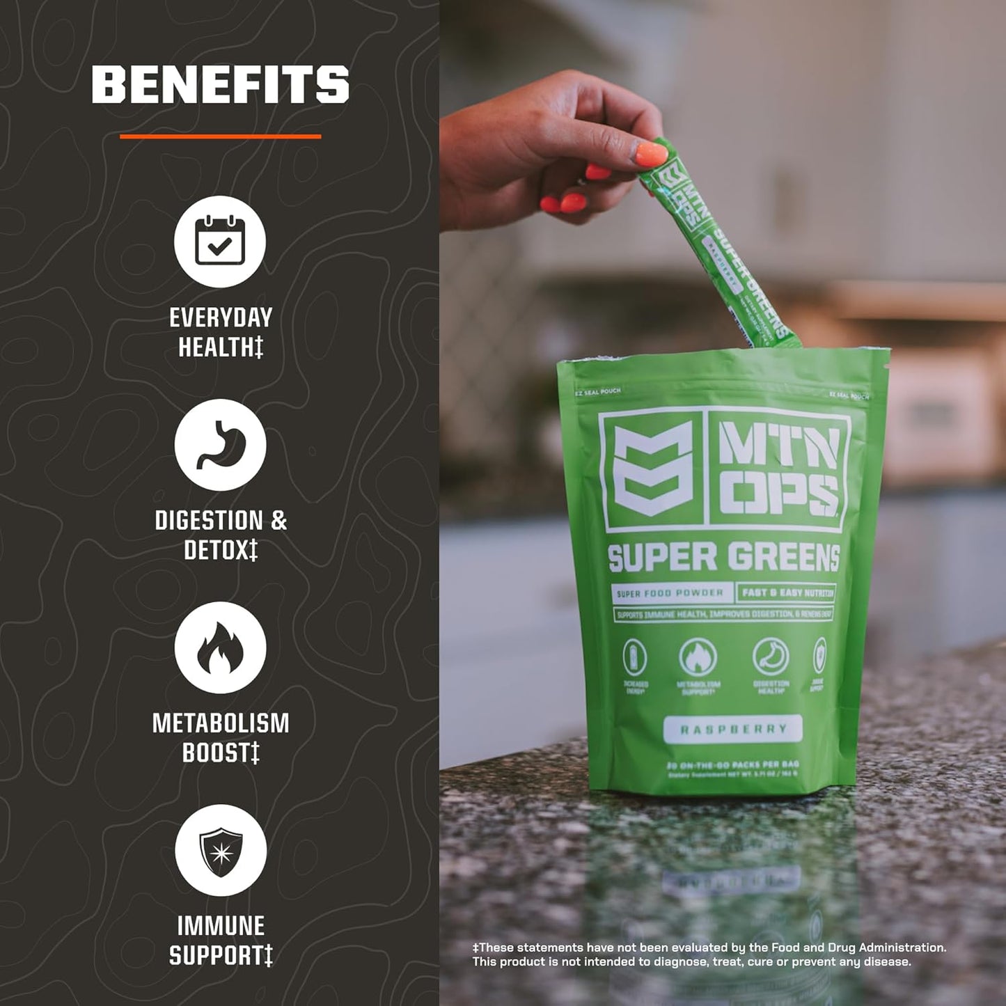 MTN OPS Super Greens Powder - Immune Health & Energy Drink with Digestive Support Blend, Chlorophyll-Rich Greens - 30 On-The-Go Packs