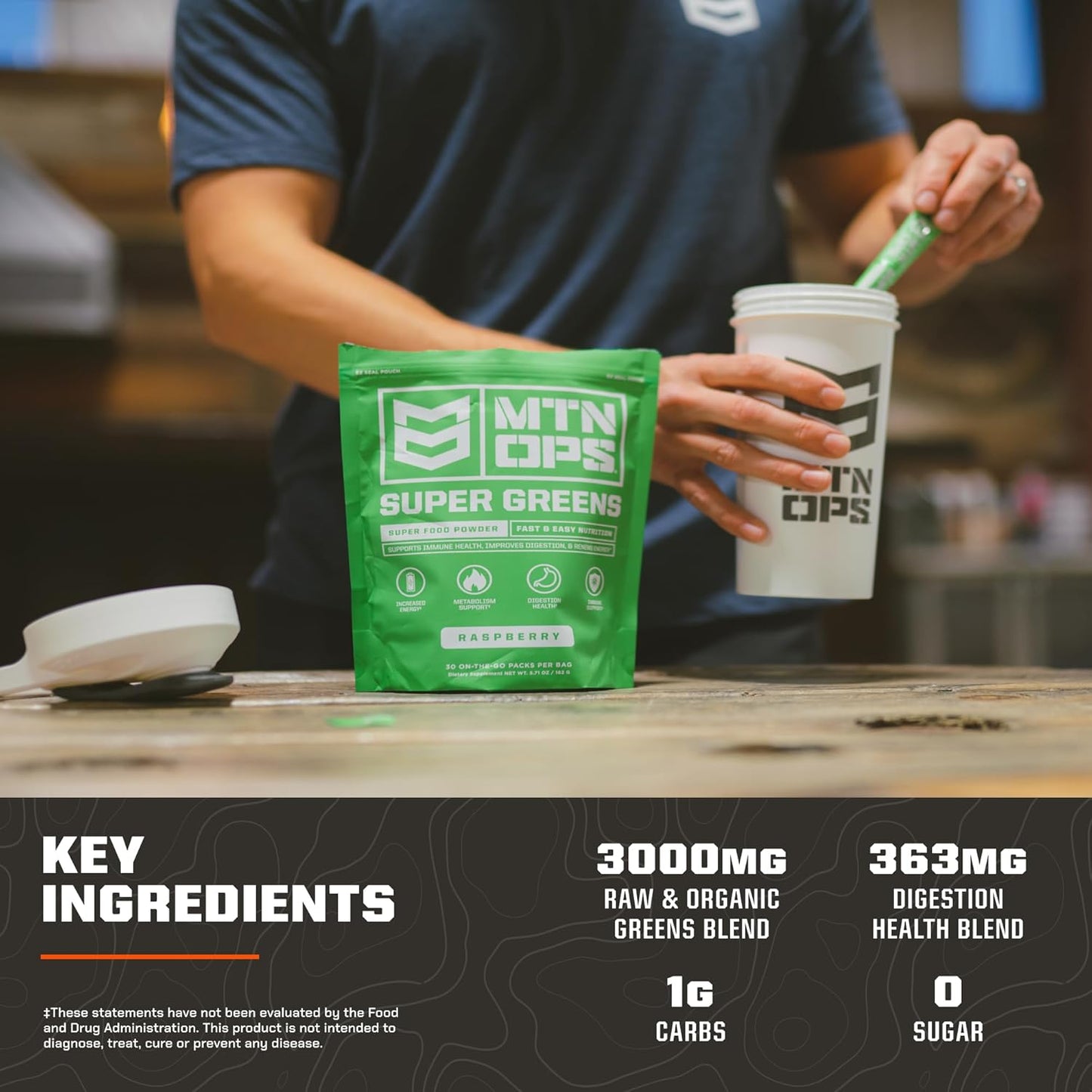 MTN OPS Super Greens Powder - Immune Health & Energy Drink with Digestive Support Blend, Chlorophyll-Rich Greens - 30 On-The-Go Packs