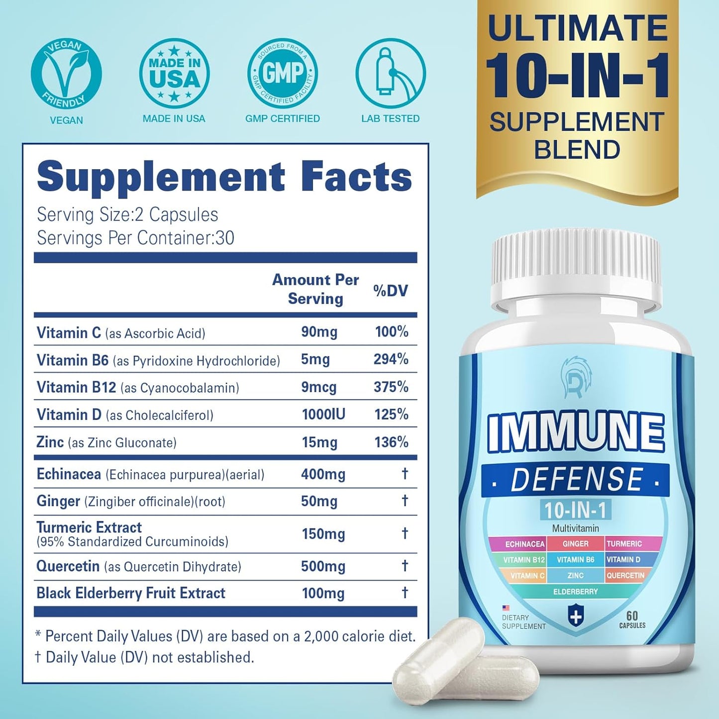 Mulberry Immune Support Supplement, 10-in-1 Defense with Vitamin C, B6, B12, D, Zinc, Echinacea, Quercetin, Turmeric, Black Elderberry Extract - Adult Immune Boosters (2 Pack)