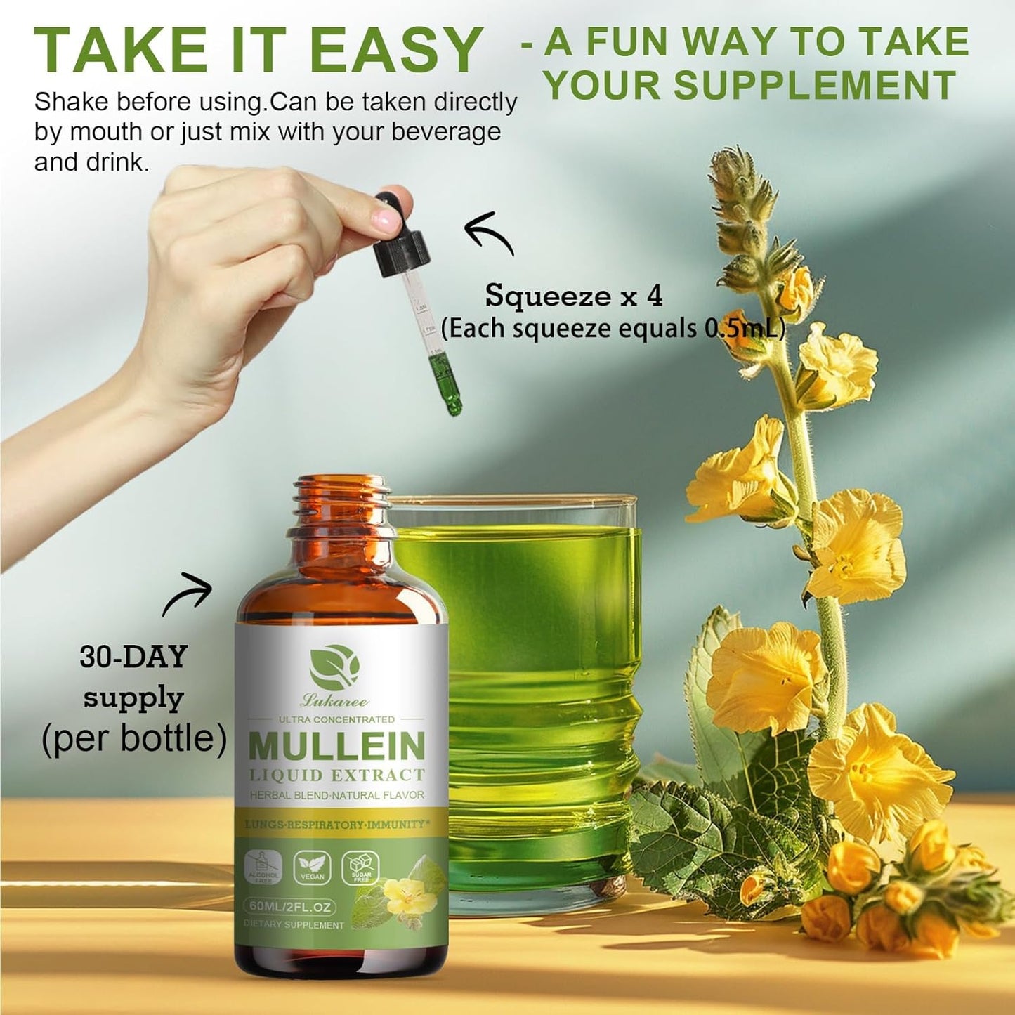 Mullein Drops for Lung Support & Magnesium Complex Supplement - Bundle of 3 Packs