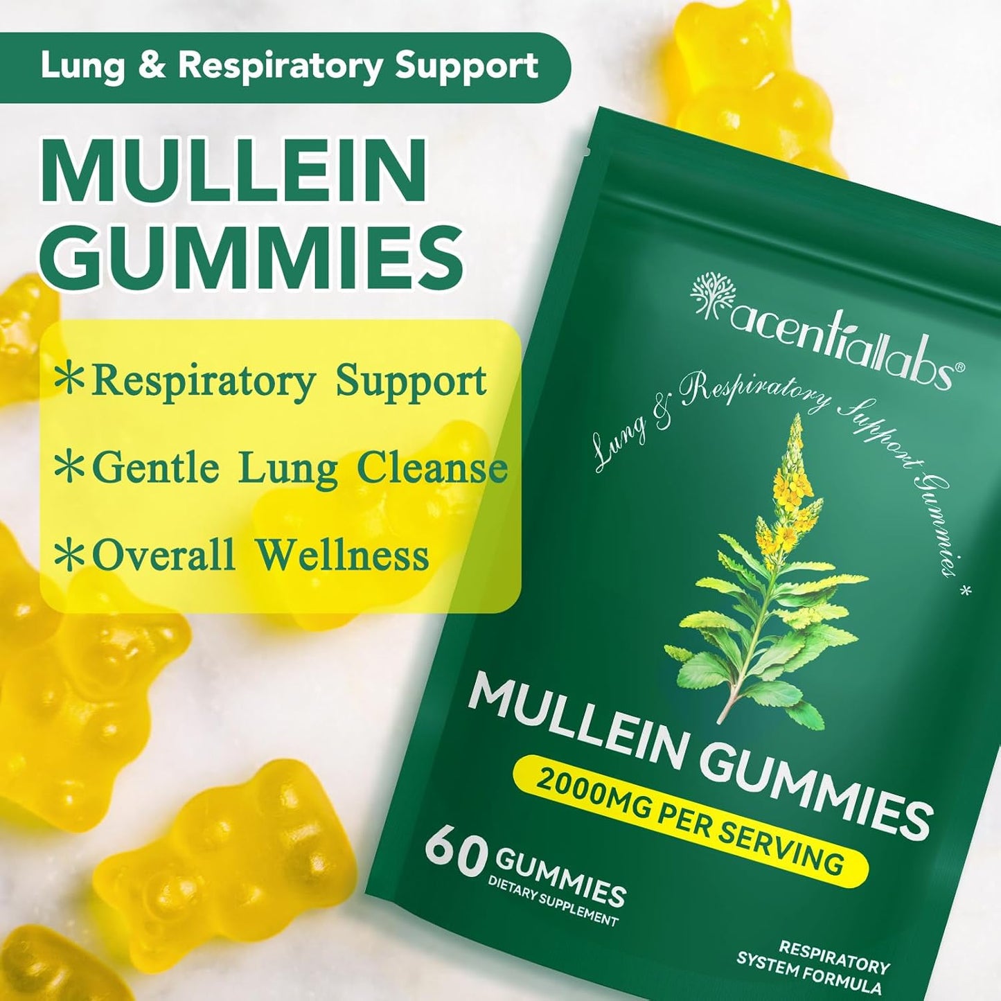 Mullein Gummies for Lung Cleanse - Natural Support for Smokers - Herbal Supplements with Chlorophyll (60 Chews)